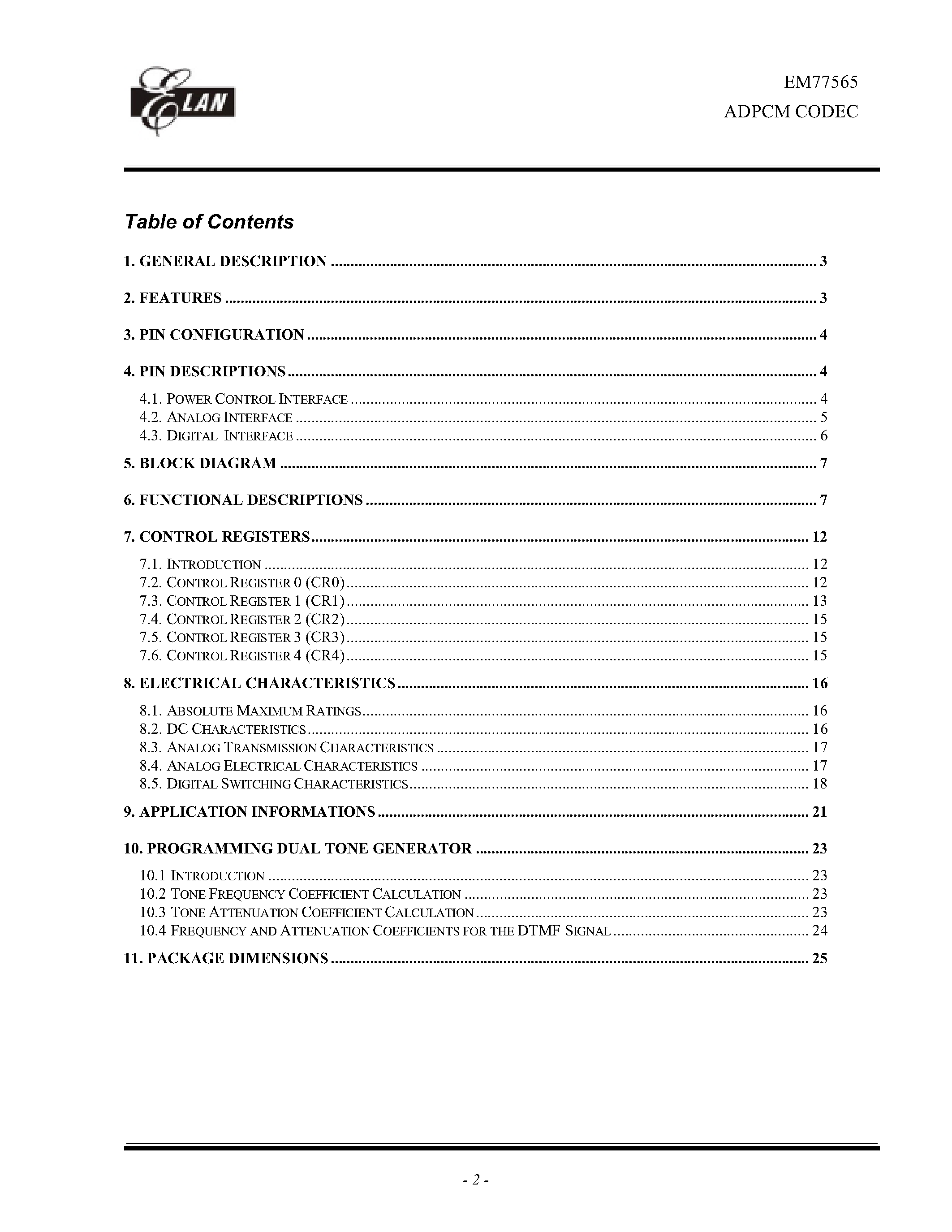 Datasheet EM77565 - ADPCM WITH PCM CODEC page 2