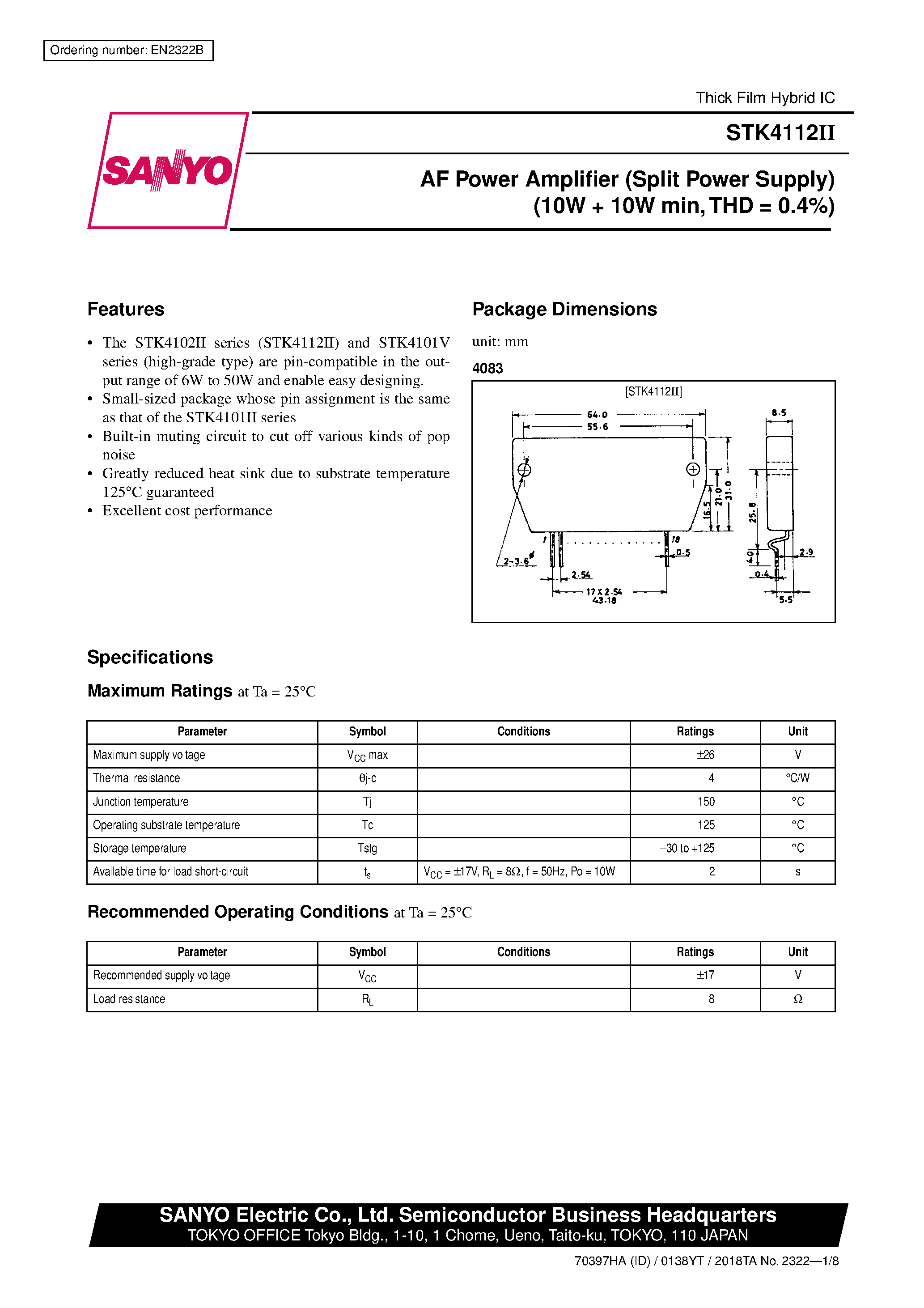 Datasheet STK4112 - AF Power Amplifier (Split Power Supply) (10W + 10W min/ THD = 0.4%) page 1