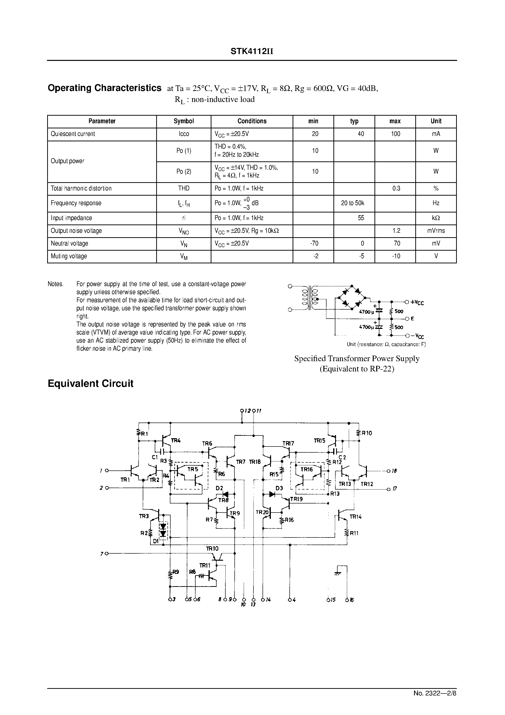 Datasheet STK4112 - AF Power Amplifier (Split Power Supply) (10W + 10W min/ THD = 0.4%) page 2