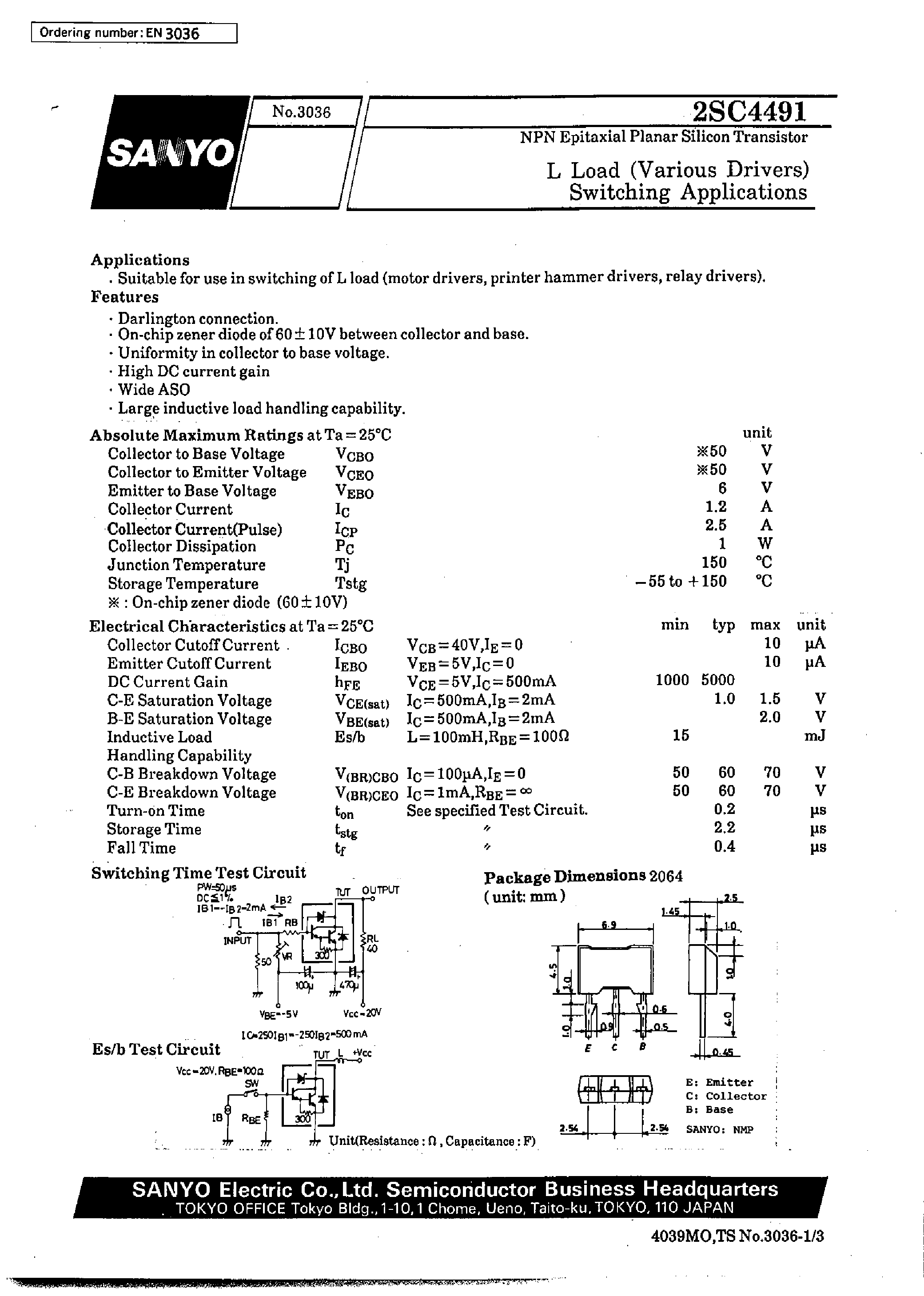 Datasheet 2SC4491 - L Load (Various Drivers) Switching Applications page 1