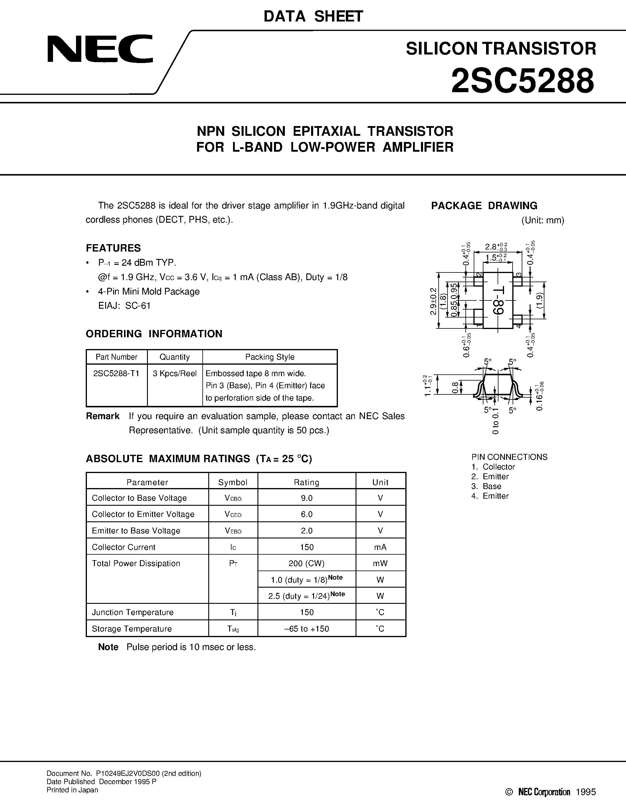 Datasheet 2SC5288 - NPN SILICON EPITAXIAL TRANSISTOR FOR L-BAND LOW-POWER AMPLIFIER page 1