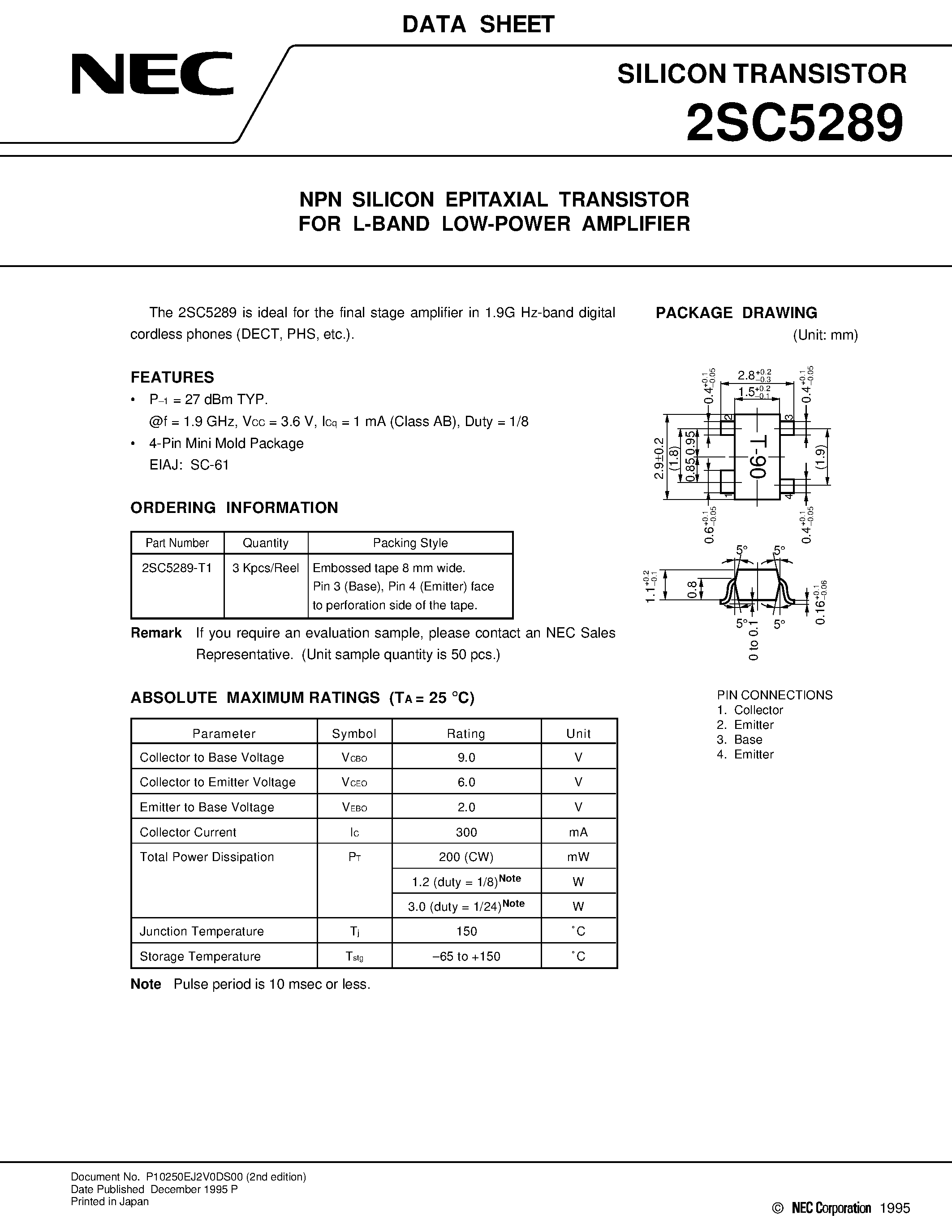 Datasheet 2SC5289 - NPN SILICON EPITAXIAL TRANSISTOR FOR L-BAND LOW-POWER AMPLIFIER page 1