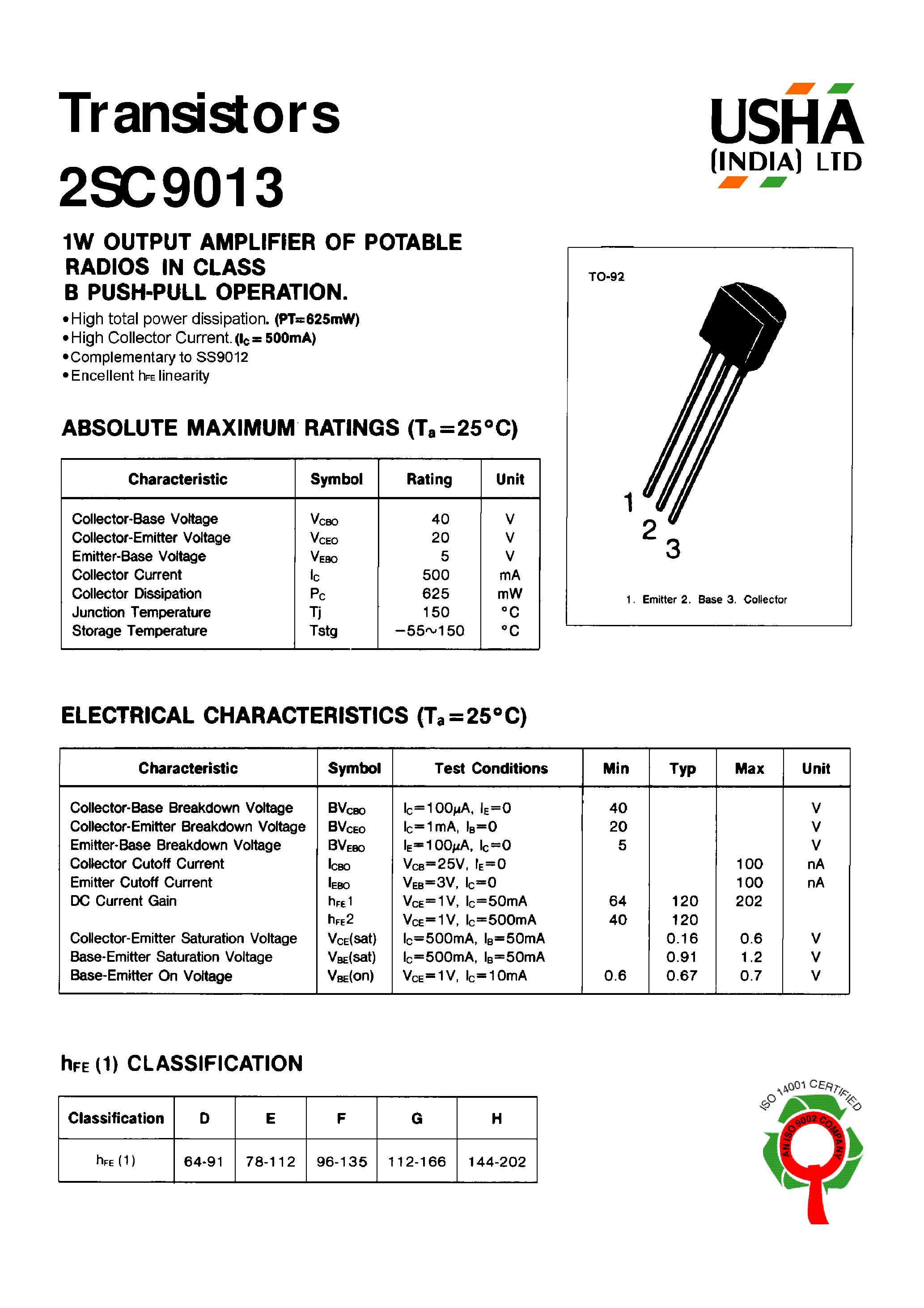 Datasheet 2SC9013 - 1W OUTPUT AMPLIFIER OF POTABLE RADIOS IN CLASS B PUSH-PULL OPERATION page 1