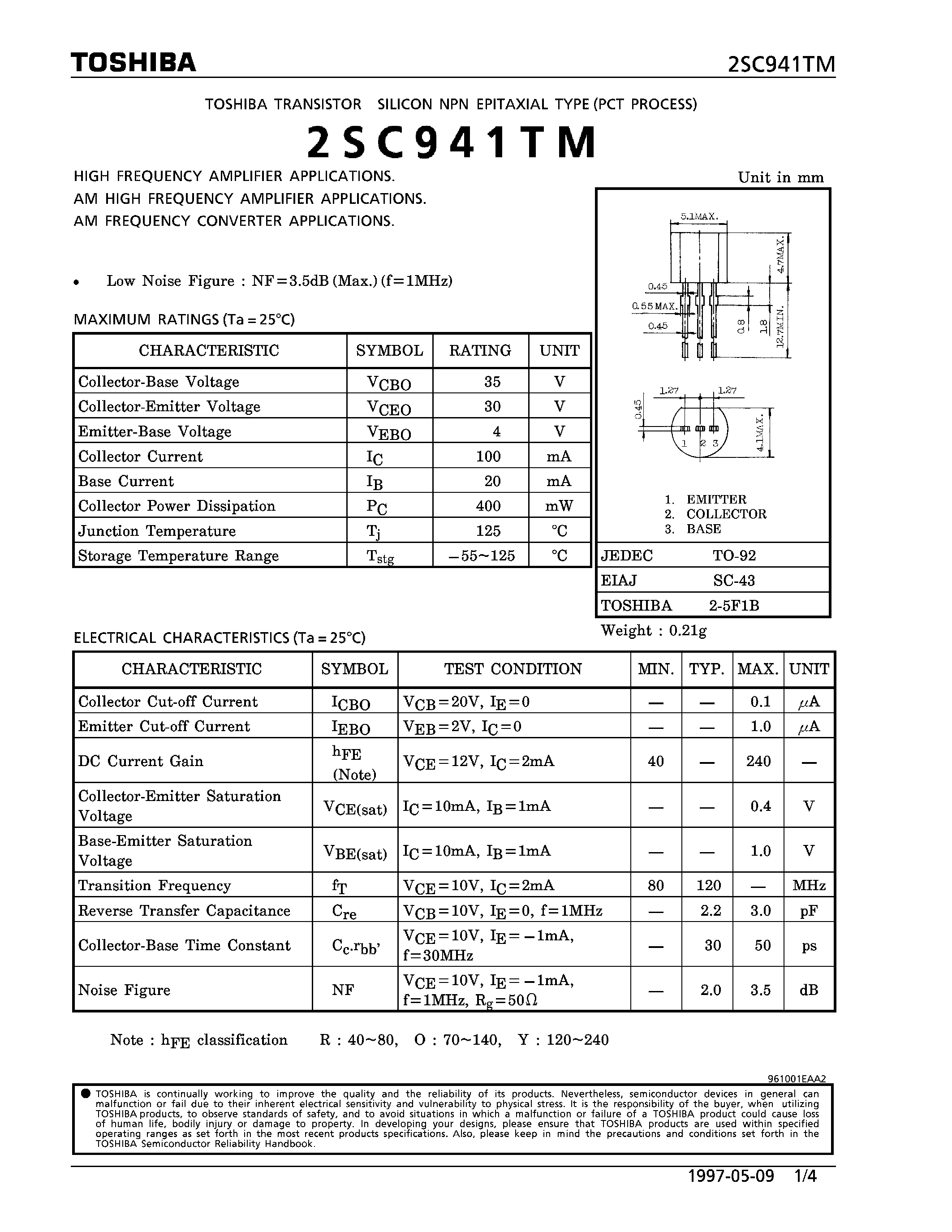 Datasheet 2SC941-R - TRANSISTOR SILICON NPN EPIITAXIAL TYPE page 1