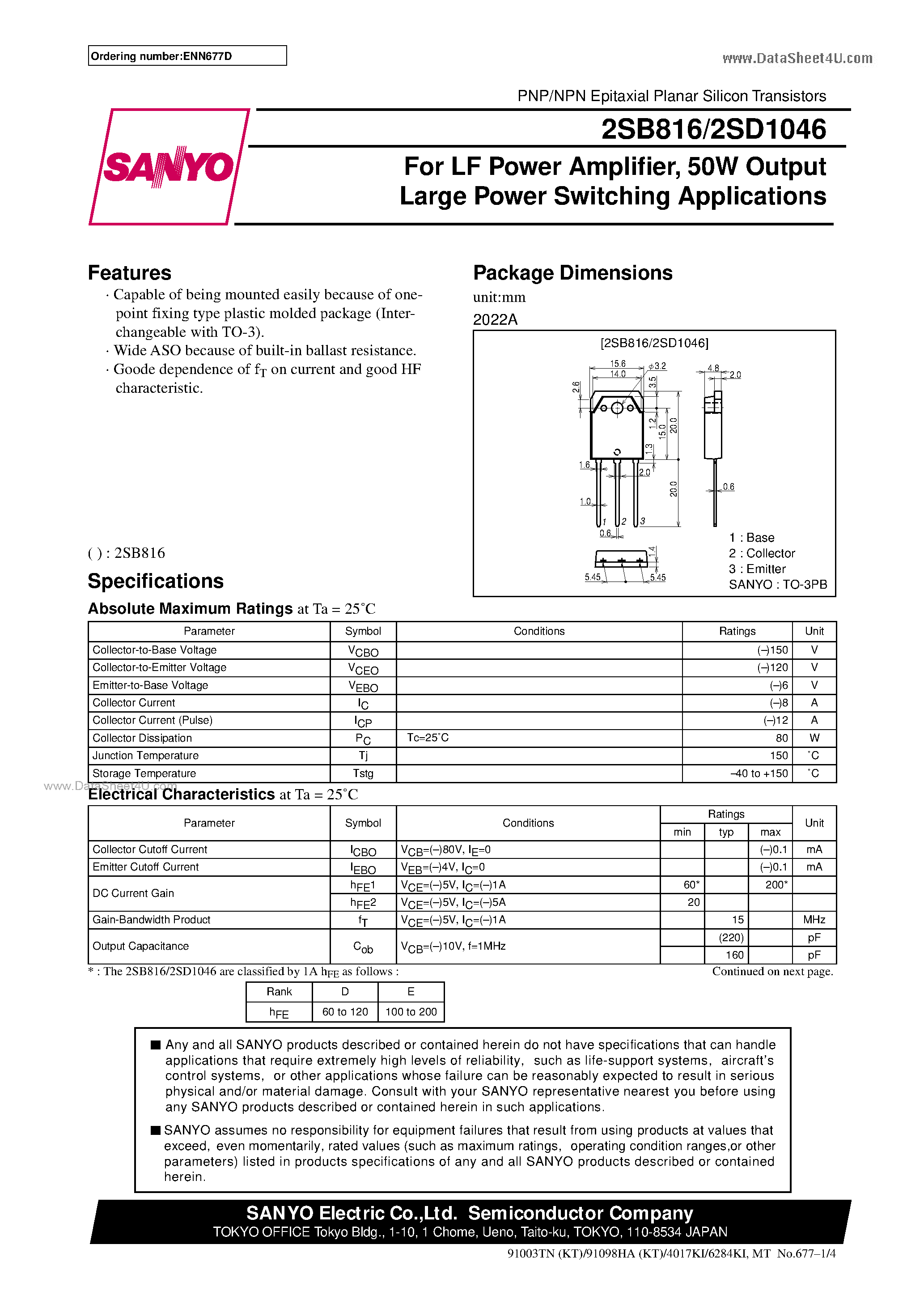 Datasheet 2SD1046 - For LF Power Amp/50W Output/ Large Power Switching page 1