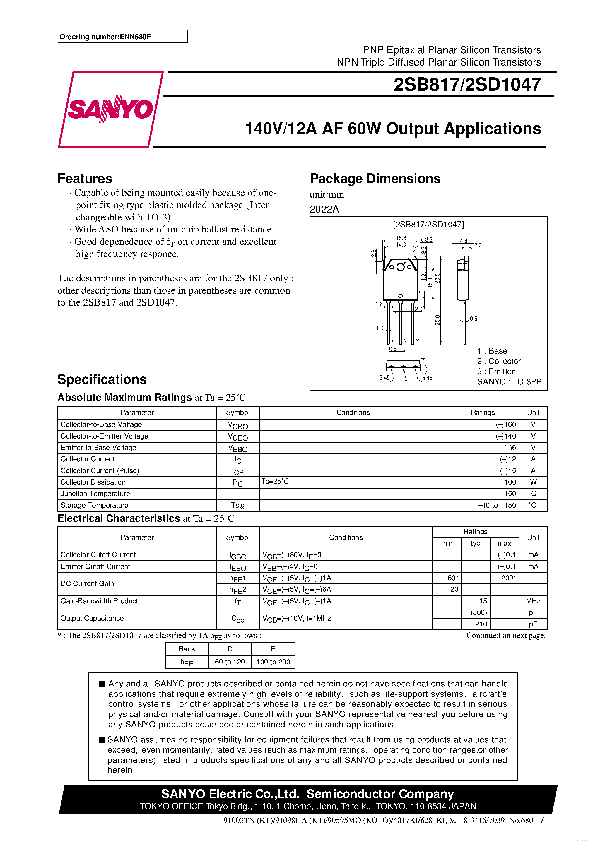 Datasheet 2SD1047 - 140V/12A/ AF 60W Output Applications page 1