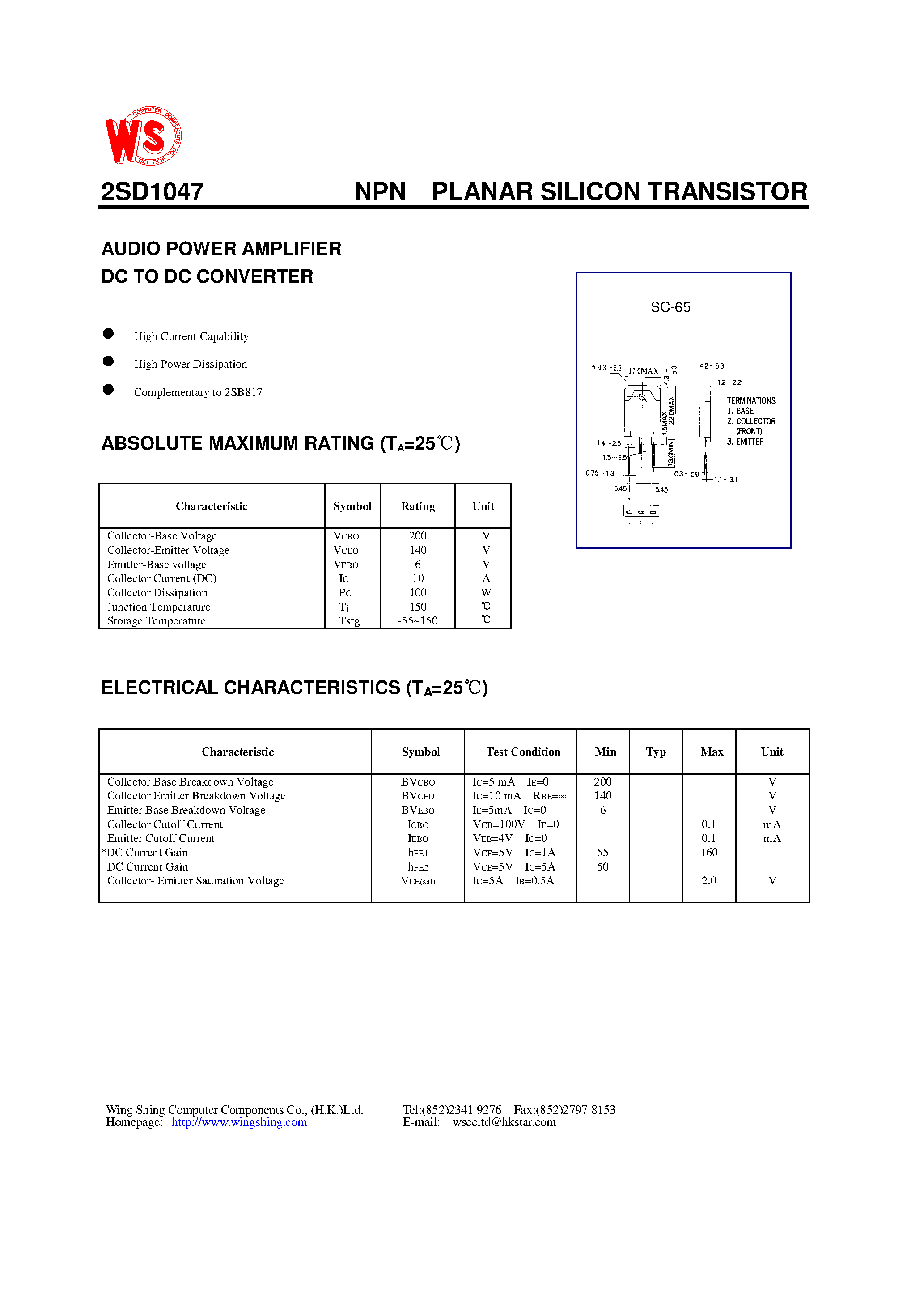 Datasheet 2SD1047 - NPN PLANAR SILICON TRANSISTOR(AUDIO POWER AMPLIFIER DC TO DC CONVERTER) page 1