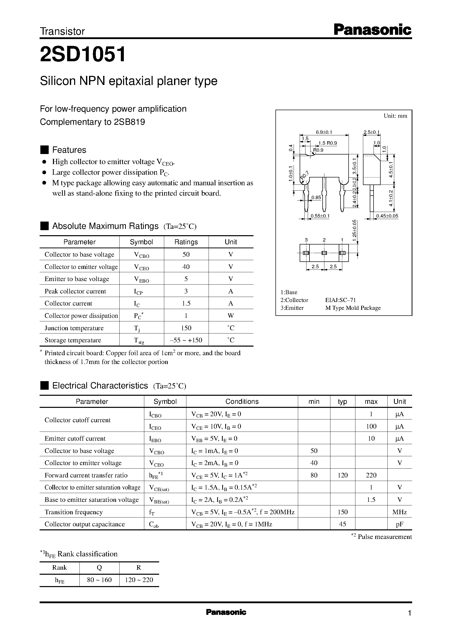 Datasheet 2SD1051 - Silicon NPN epitaxial planer type(For low-frequency power amplification) page 1