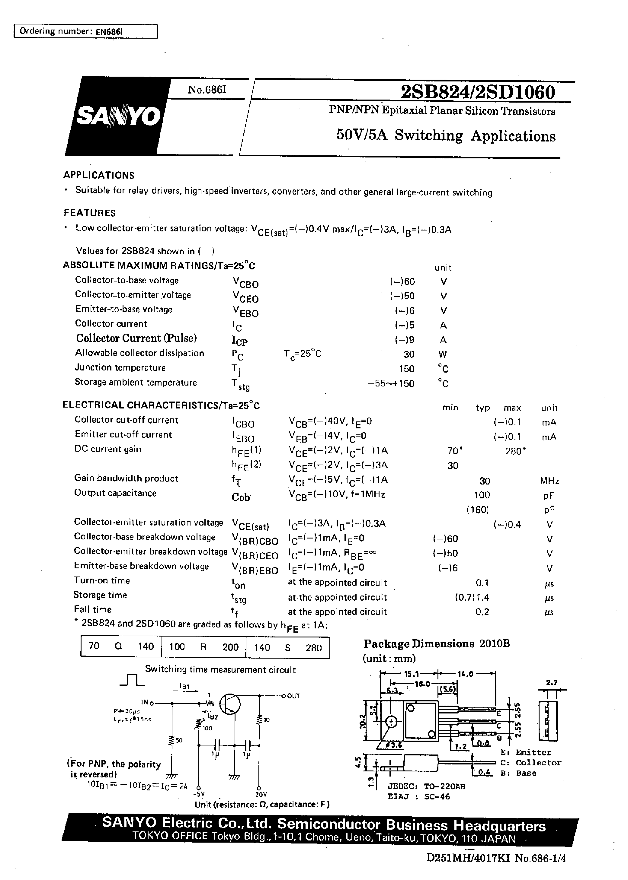 Datasheet 2SD1060 - 50V/5A Switching Applications page 1