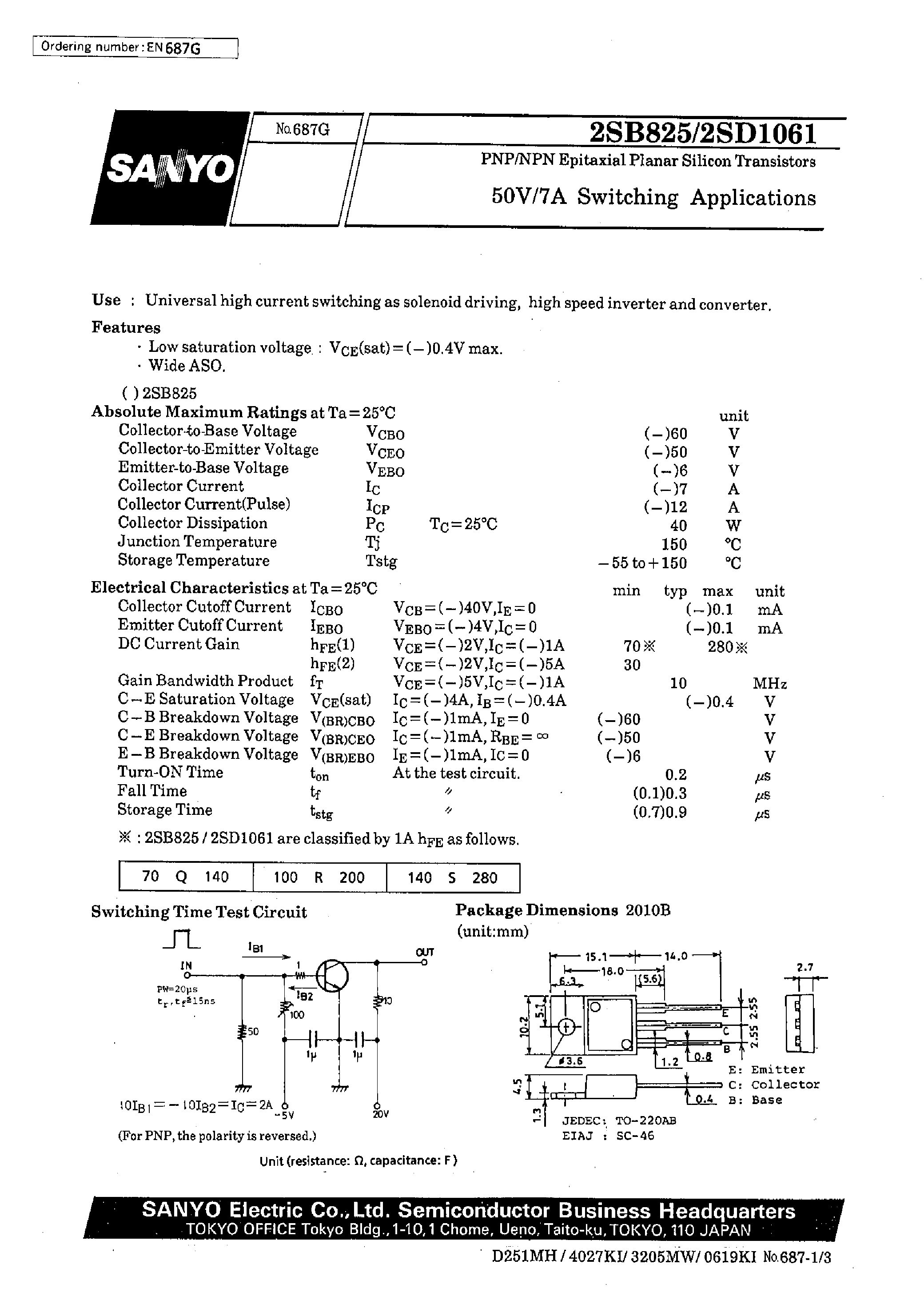 Datasheet 2SD1061 - 50V/7A Switching Applications page 1