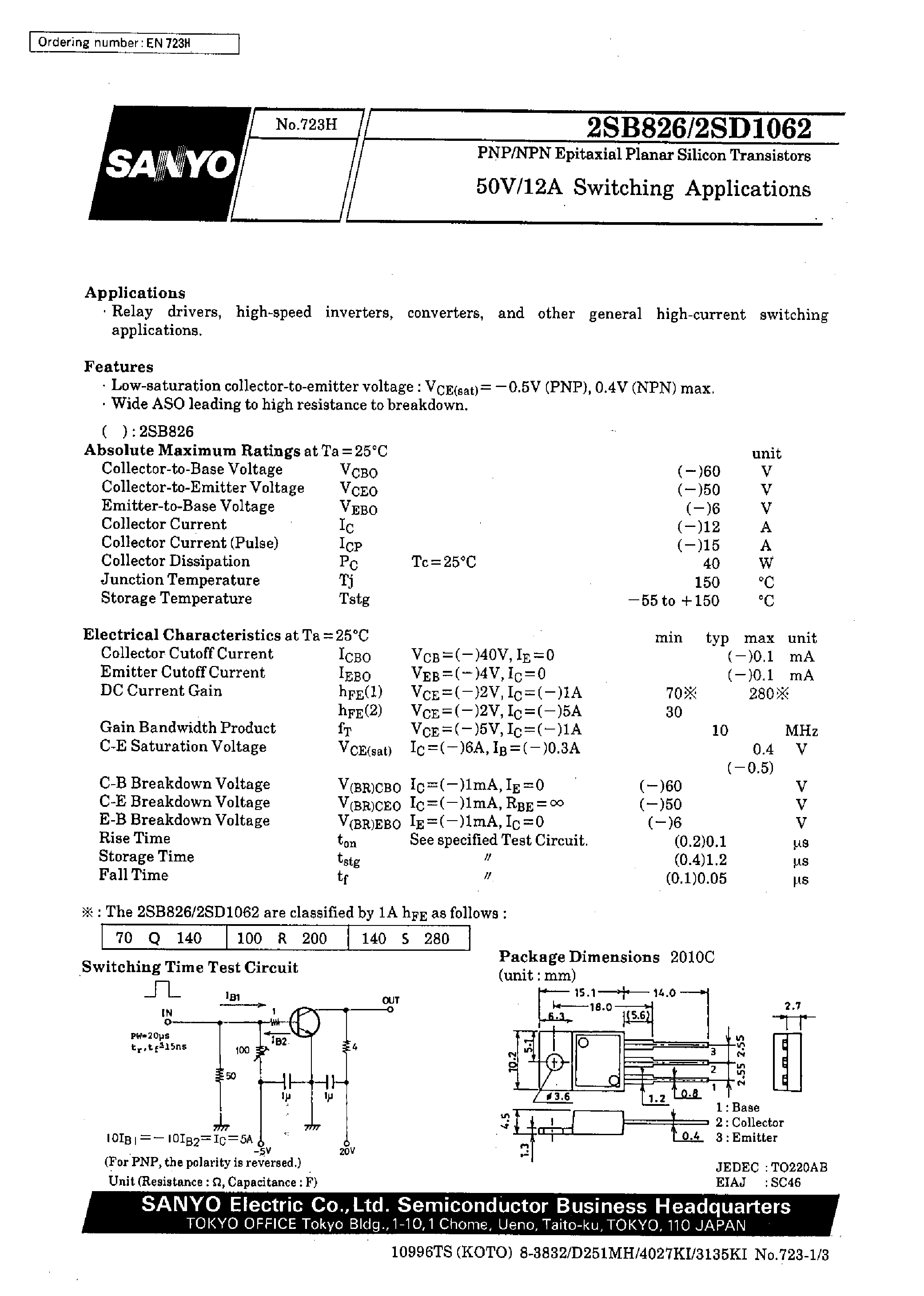 Datasheet 2SD1062 - 50V/12A Switching Applications page 1