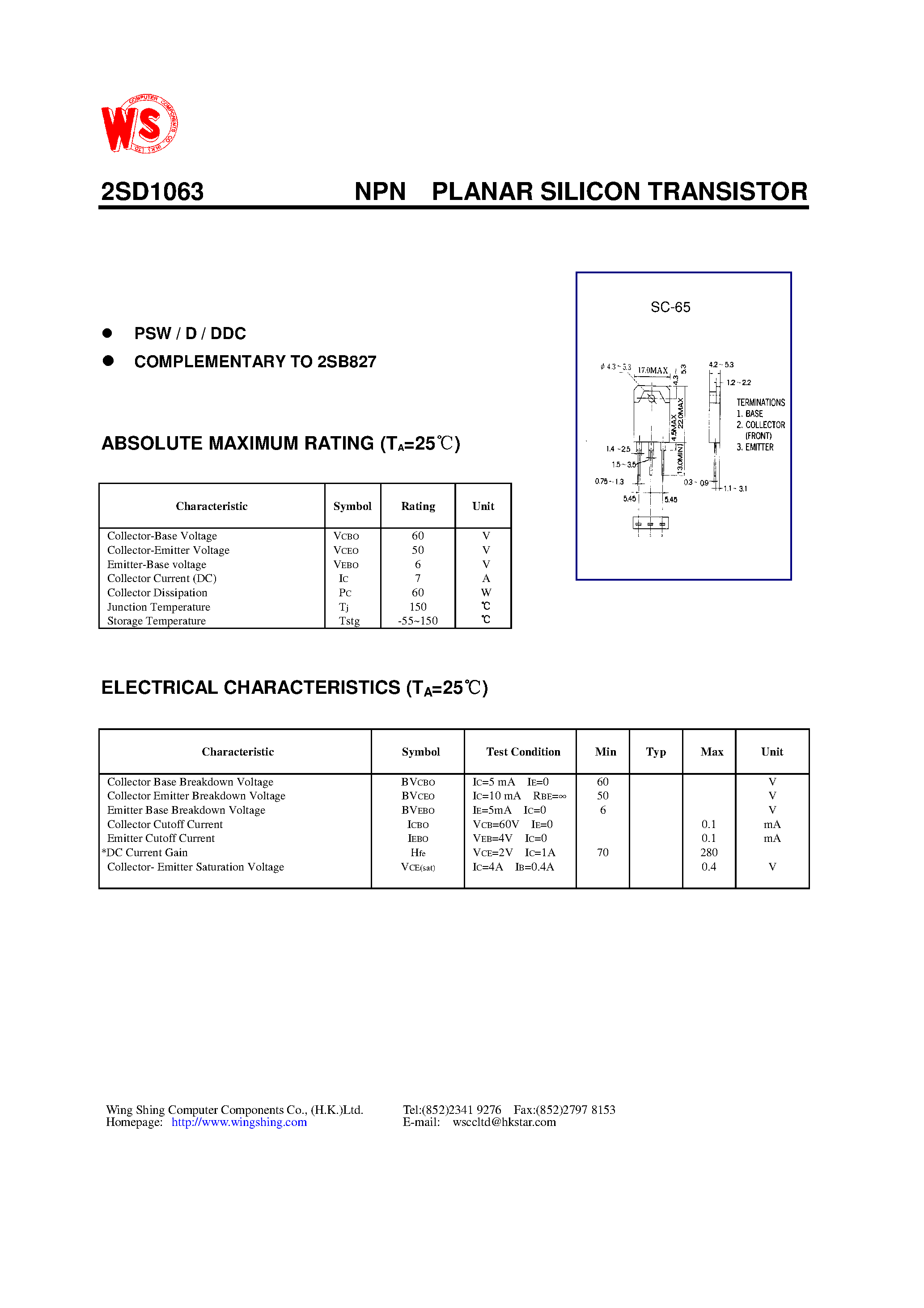 Datasheet 2SD1063 - NPN PLANAR SILICON TRANSISTOR page 1