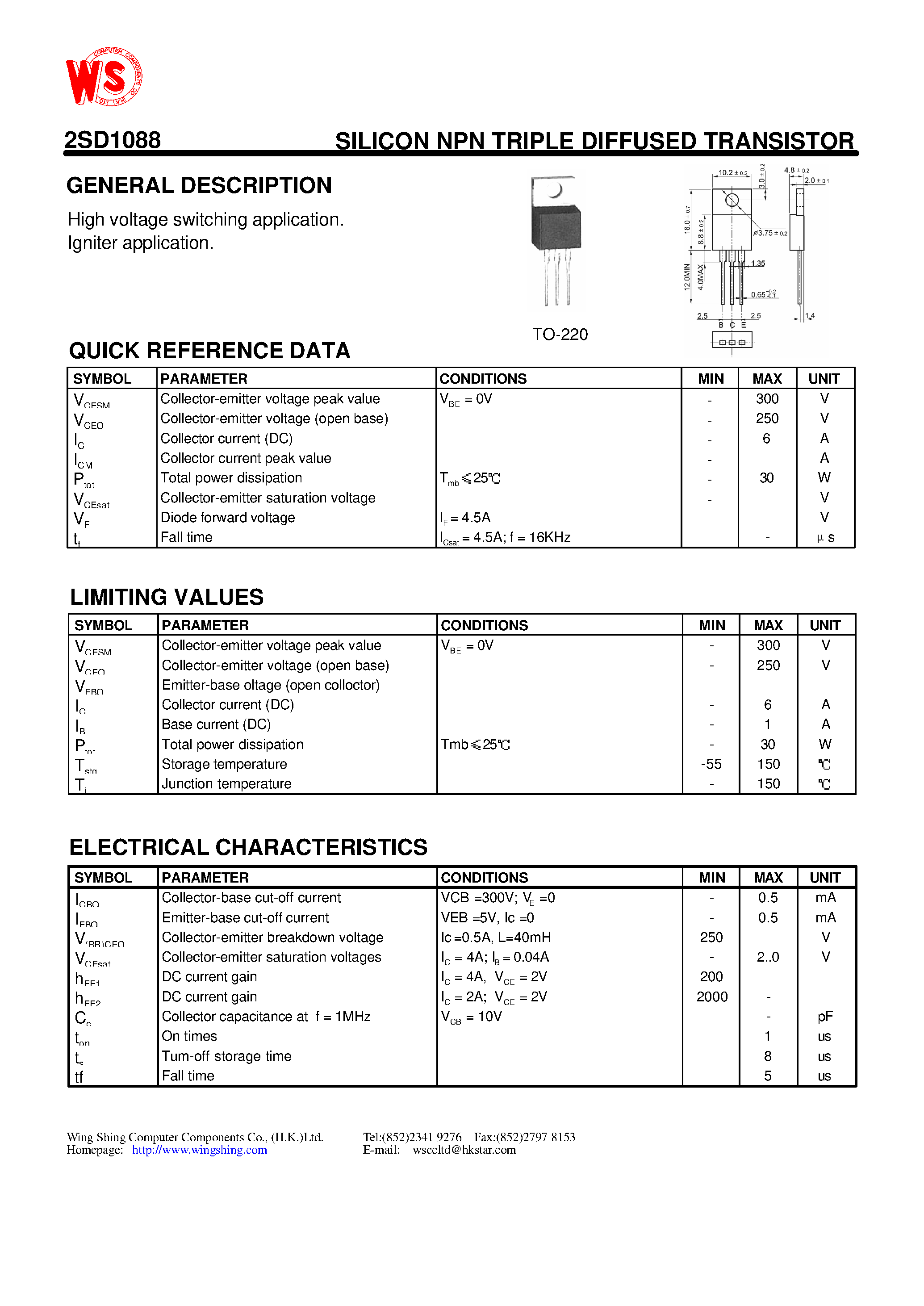 Даташит 2SD1088 - SILICON NPN TRIPLE DIFFUSED TRANSISTOR(GENERAL DESCRIPTION) страница 1