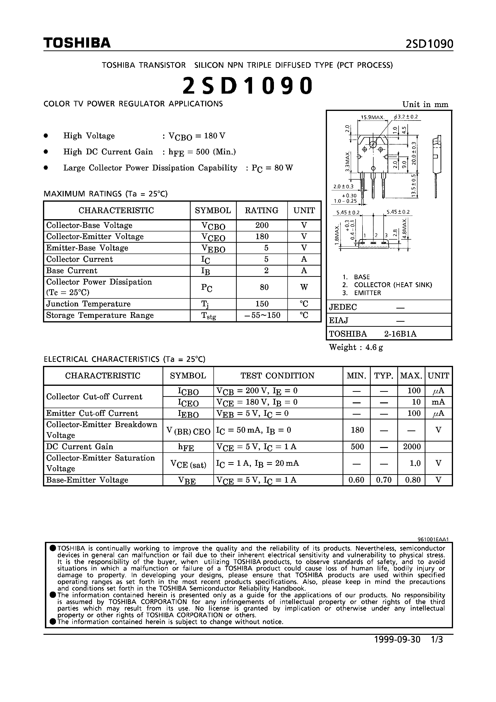 Даташит 2SD1090 - NPN TRIPLE DIFFUSED TYPE (COLOR TV POWER REGULATOR APPLICATIONS) страница 1