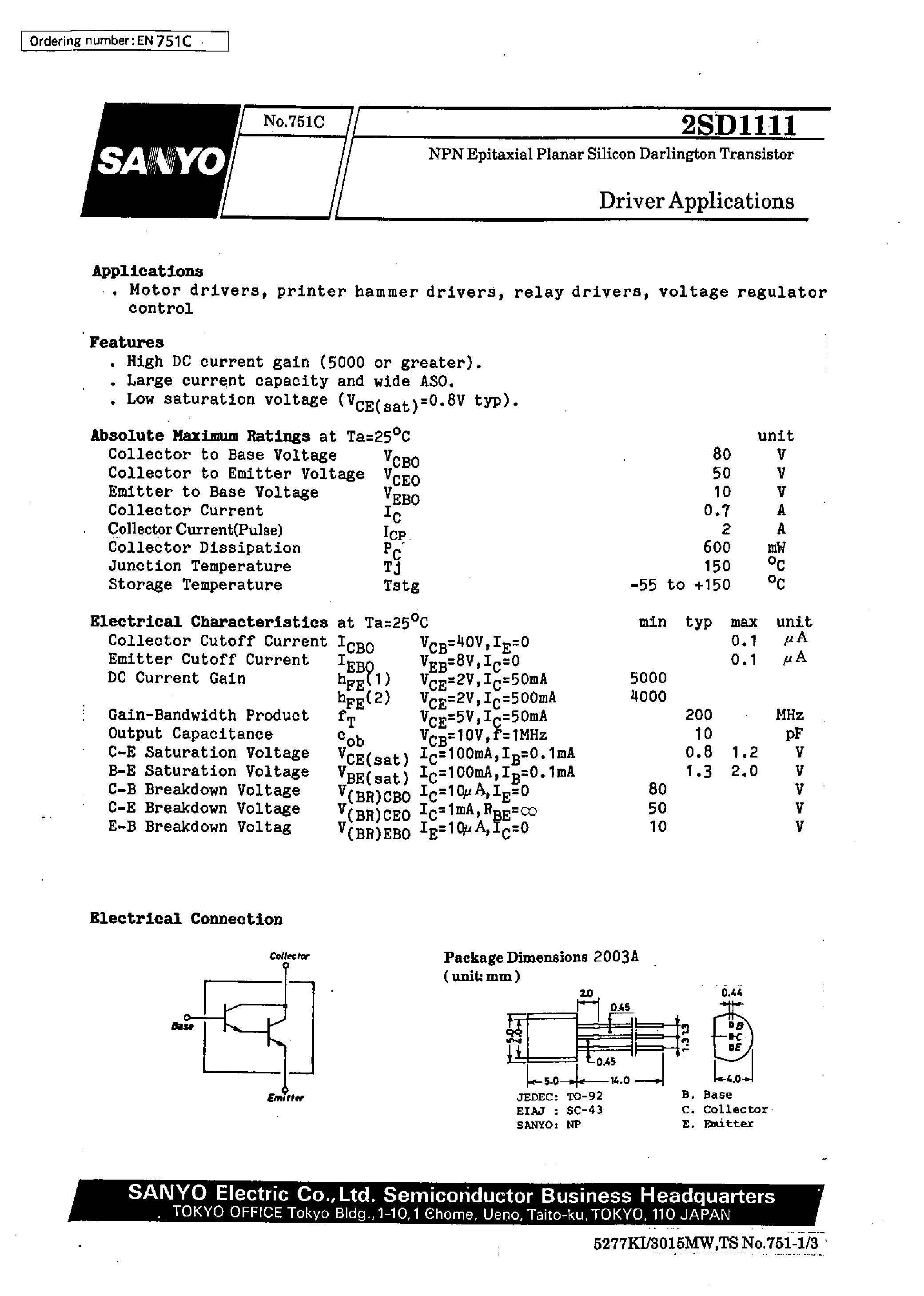 Даташит 2SD1111 - Driver Applications страница 1