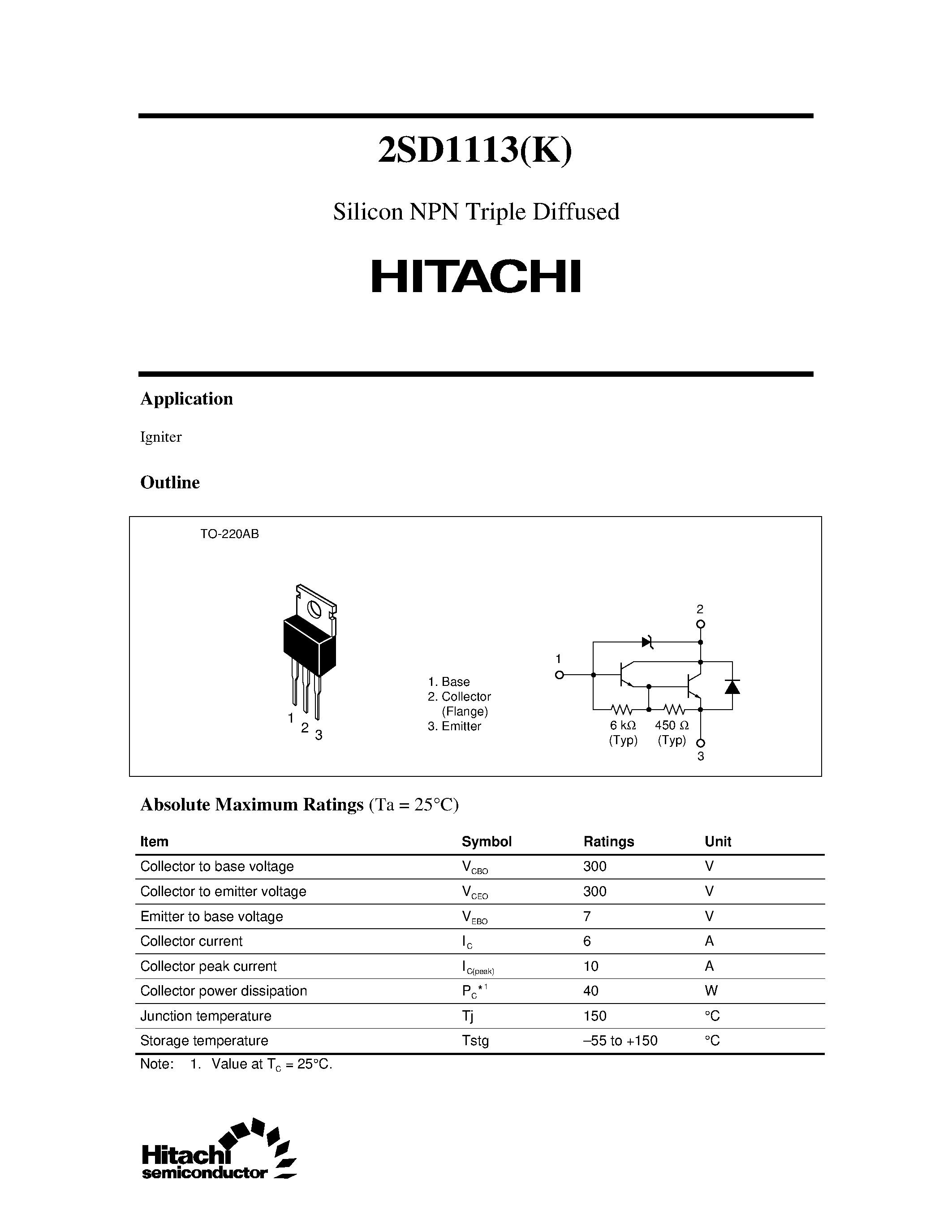 Даташит 2SD1113 - Silicon NPN Triple Diffused страница 1