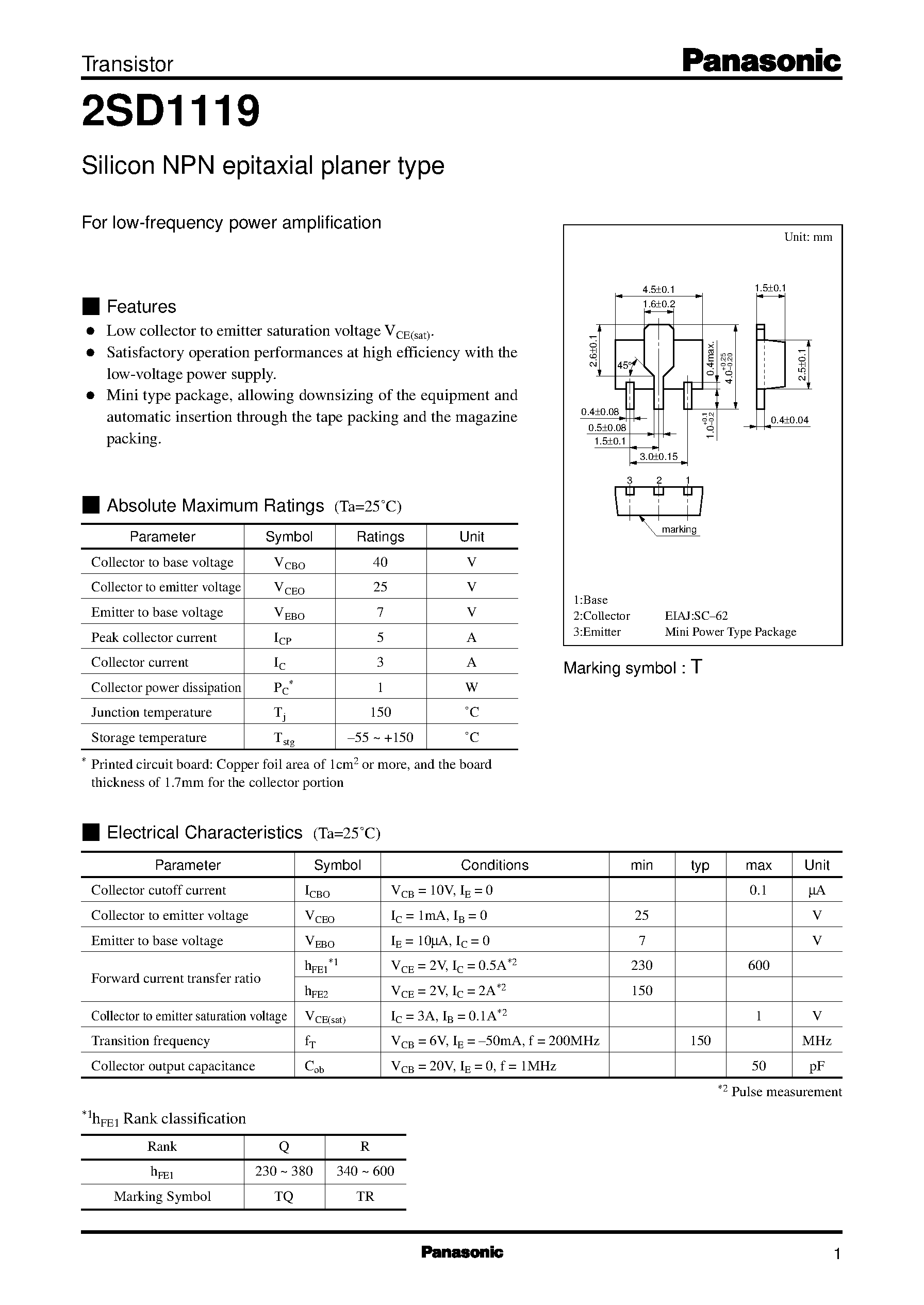 Даташит 2SD1119 - Silicon NPN epitaxial planer type(For low-frequency power amplification0 страница 1