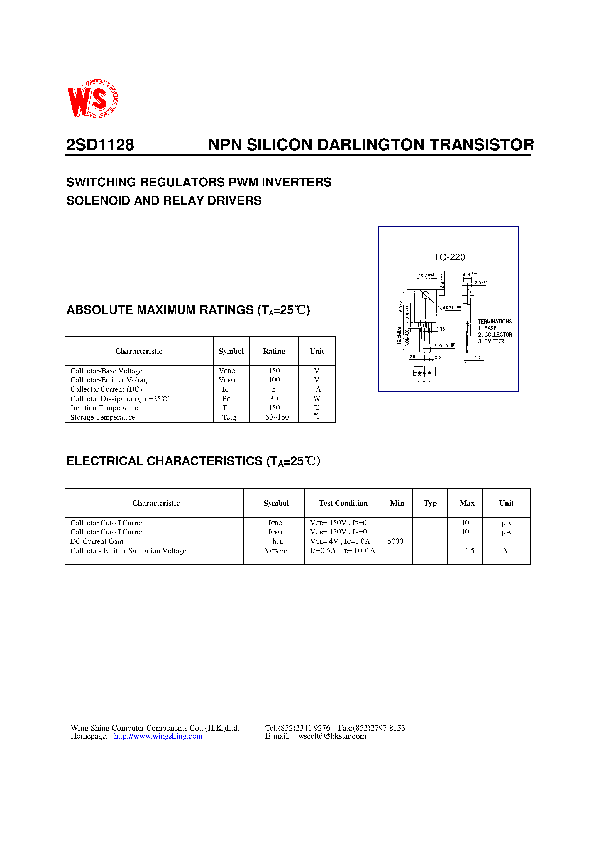 Даташит 2SD1128 - NPN SILICON DARLINGTON TRANSISTOR(SWITCHING REGULATORS PWM INVERTERS SOLENOID AND RELAY DRIVERS) страница 1