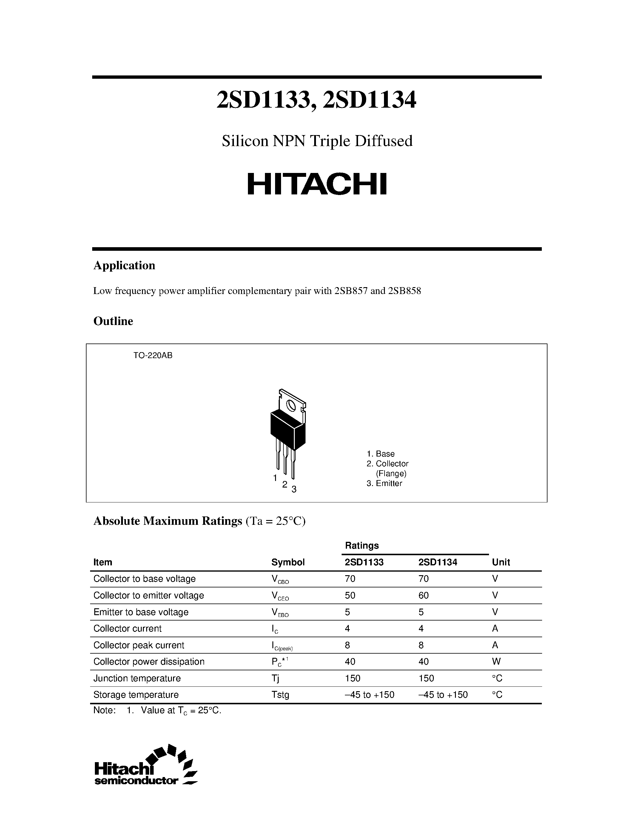 Даташит 2SD1133 - Silicon NPN Triple Diffused страница 1