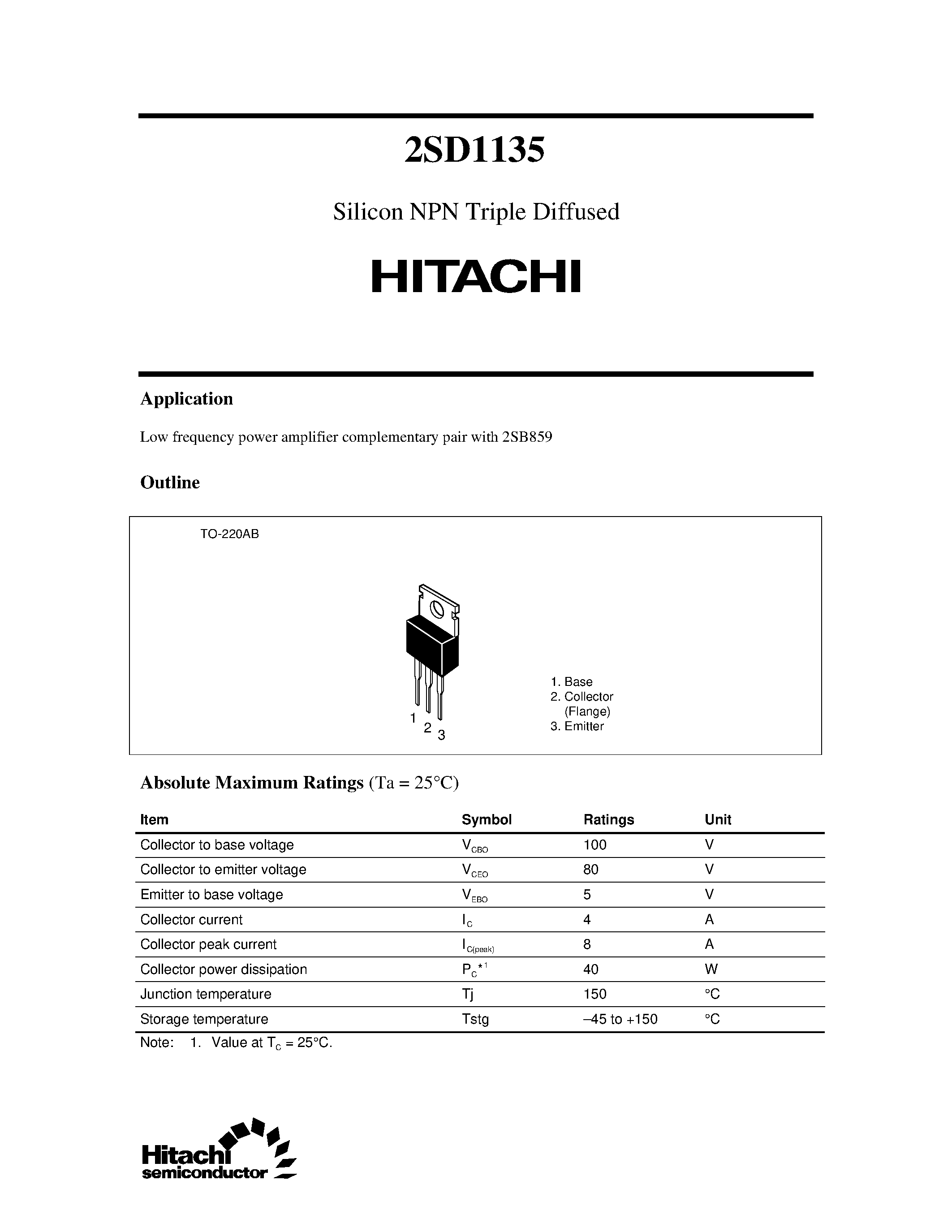 Даташит 2SD1135 - Silicon NPN Triple Diffused страница 1