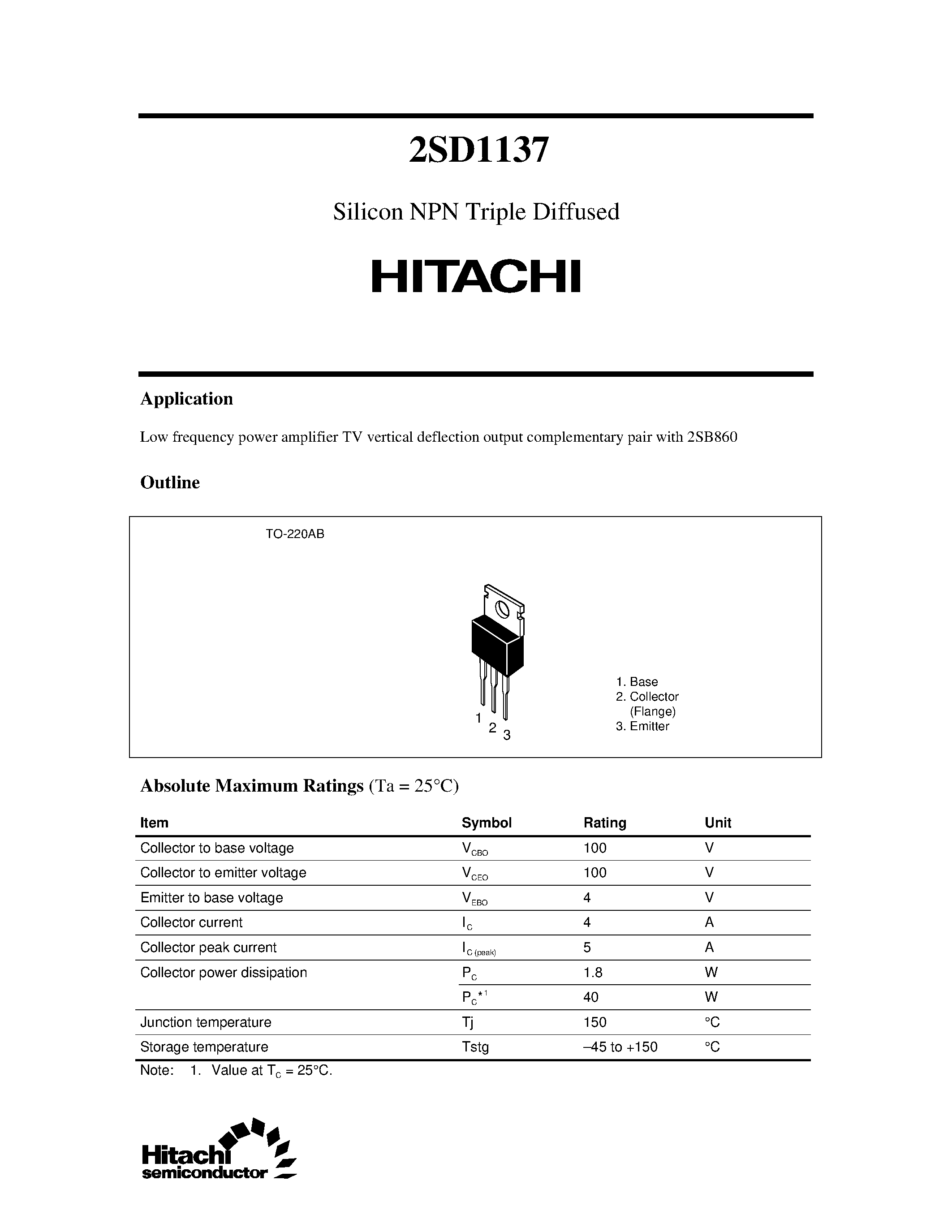 Даташит 2SD1137 - Silicon NPN Triple Diffused страница 1