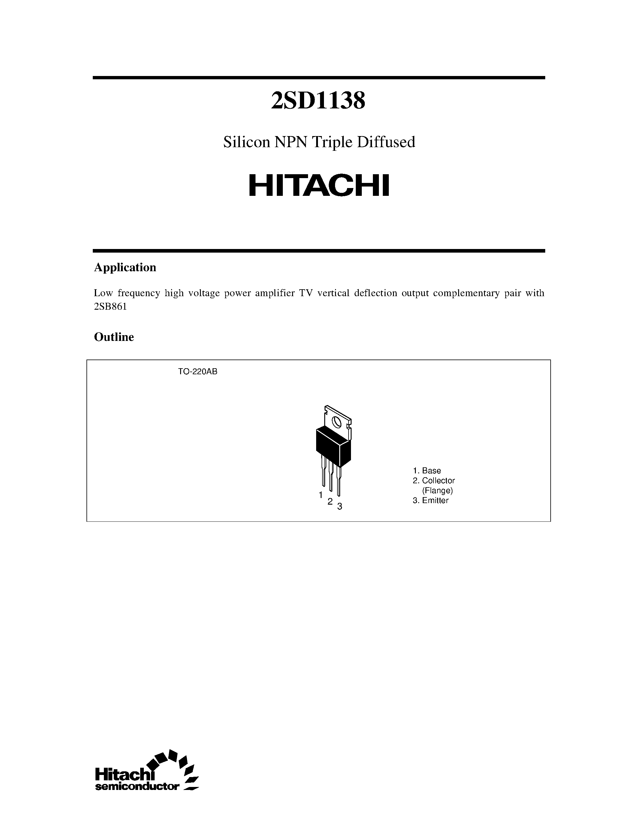 Даташит 2SD1138 - Silicon NPN Triple Diffused страница 1