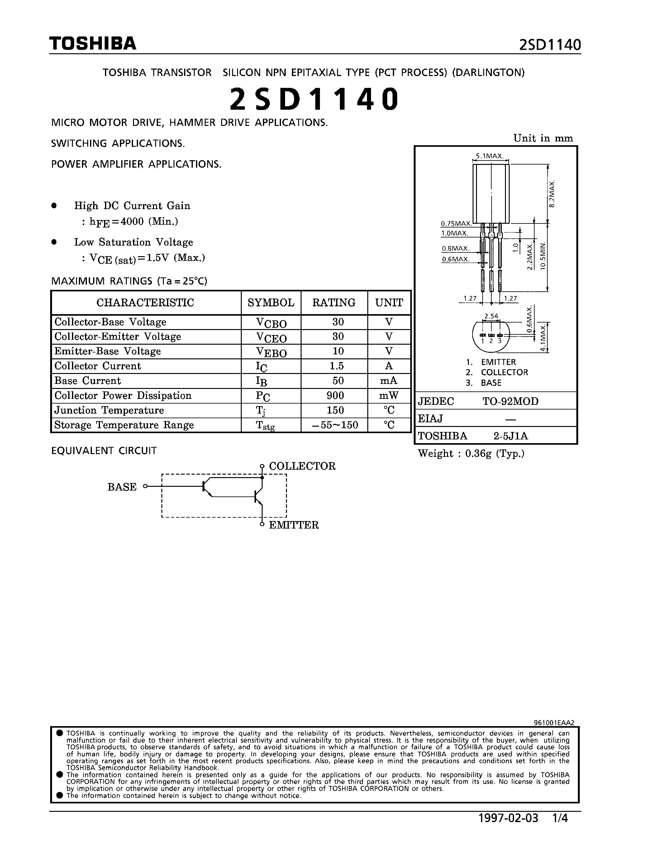 Даташит 2SD1140 - NPN EPITAXIAL TYPE (MICRO MOTOR DRIVE/ HAMMER DRIVE/ SWITCHING/ POWER AMPLIFIER APPLICATIONS) страница 1