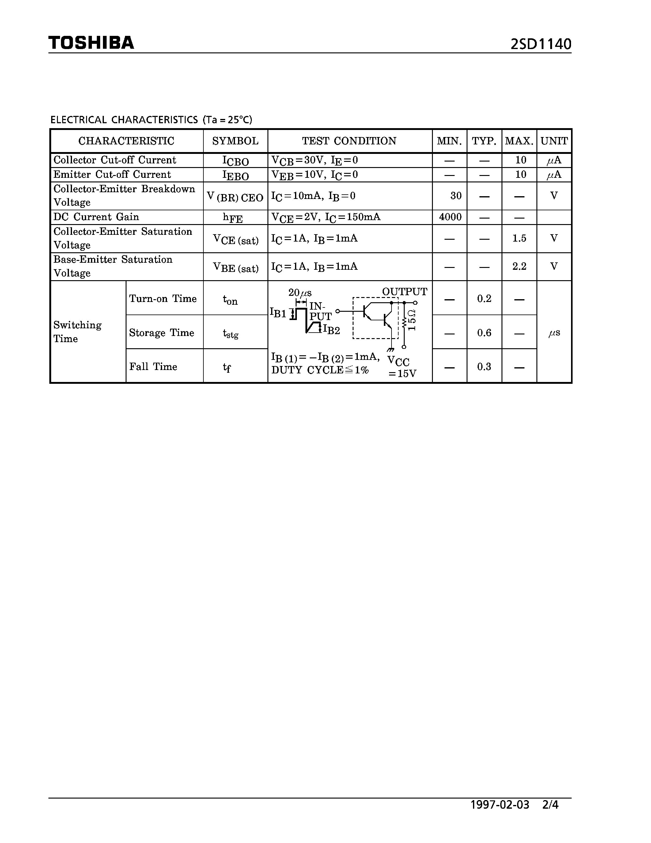 Даташит 2SD1140 - NPN EPITAXIAL TYPE (MICRO MOTOR DRIVE/ HAMMER DRIVE/ SWITCHING/ POWER AMPLIFIER APPLICATIONS) страница 2