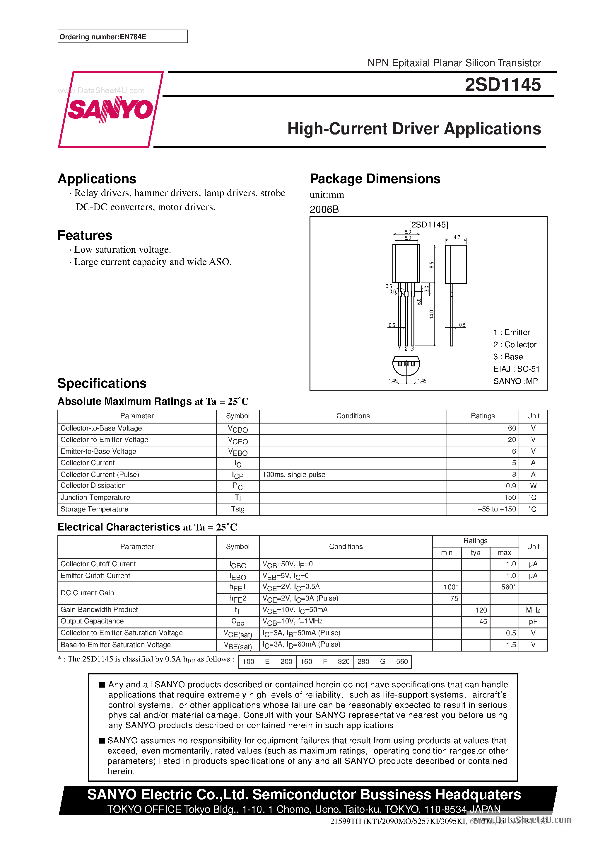 Даташит 2SD1145 - High-Current Driver Applications страница 1