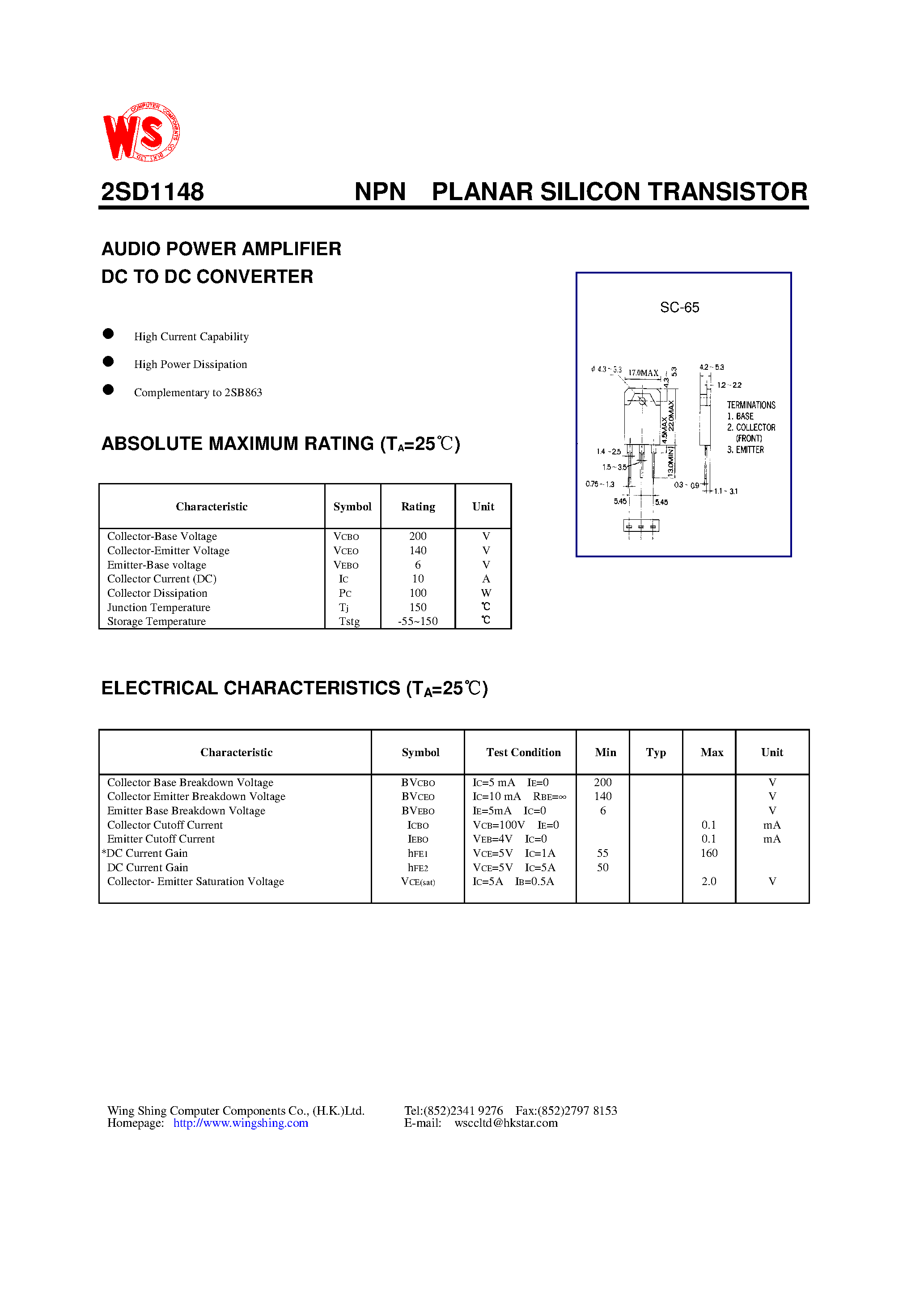 Даташит 2SD1148 - NPN PLANAR SILICON TRANSISTOR(AUDIO POWER AMPLIFIER DC TO DC CONVERTER) страница 1