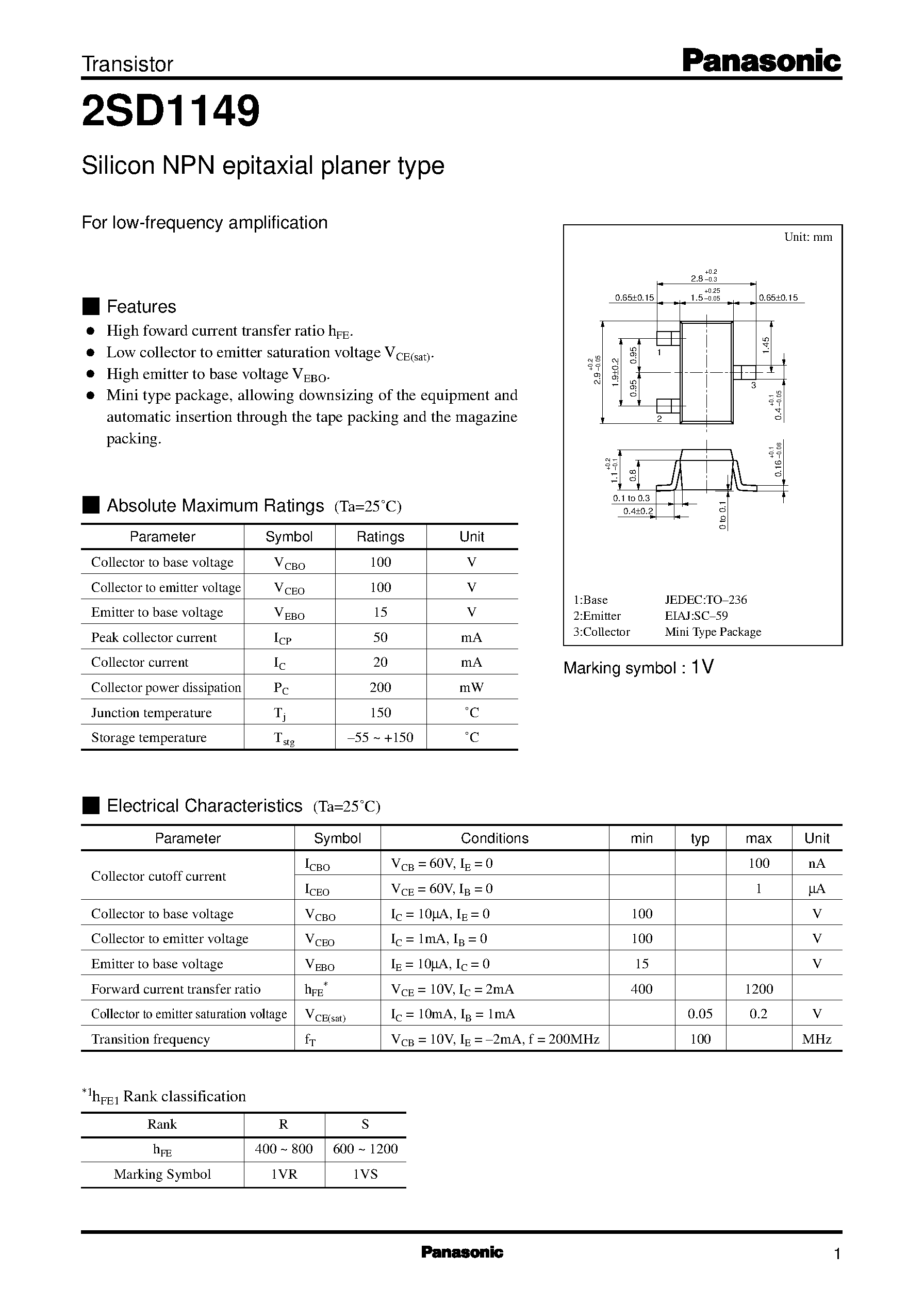 Даташит 2SD1149 - Silicon NPN epitaxial planer type(For low-frequency amplification) страница 1