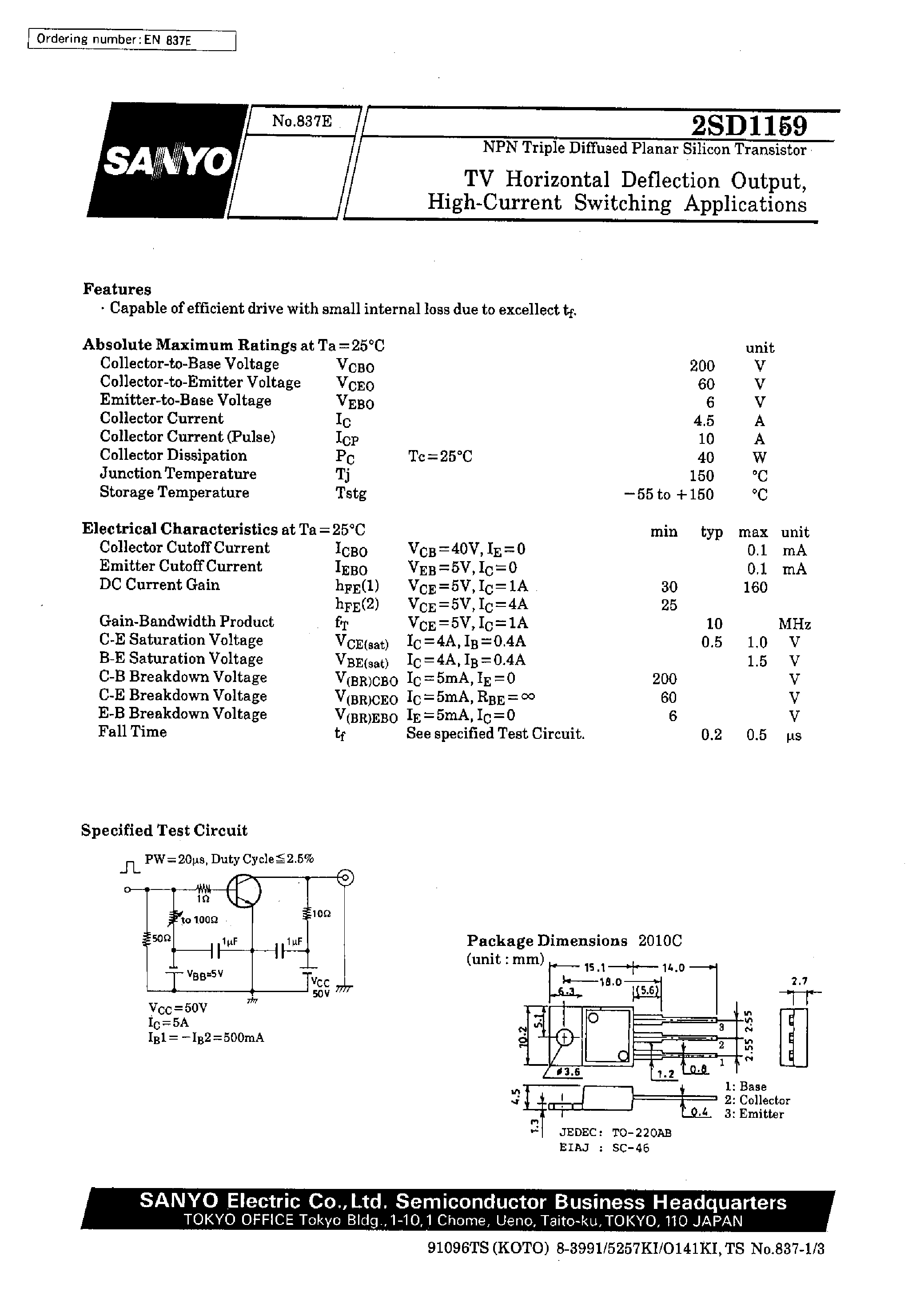 Даташит 2SD1159 - TV Horizontal Deflection Output/ High-Current Switching Applications страница 1