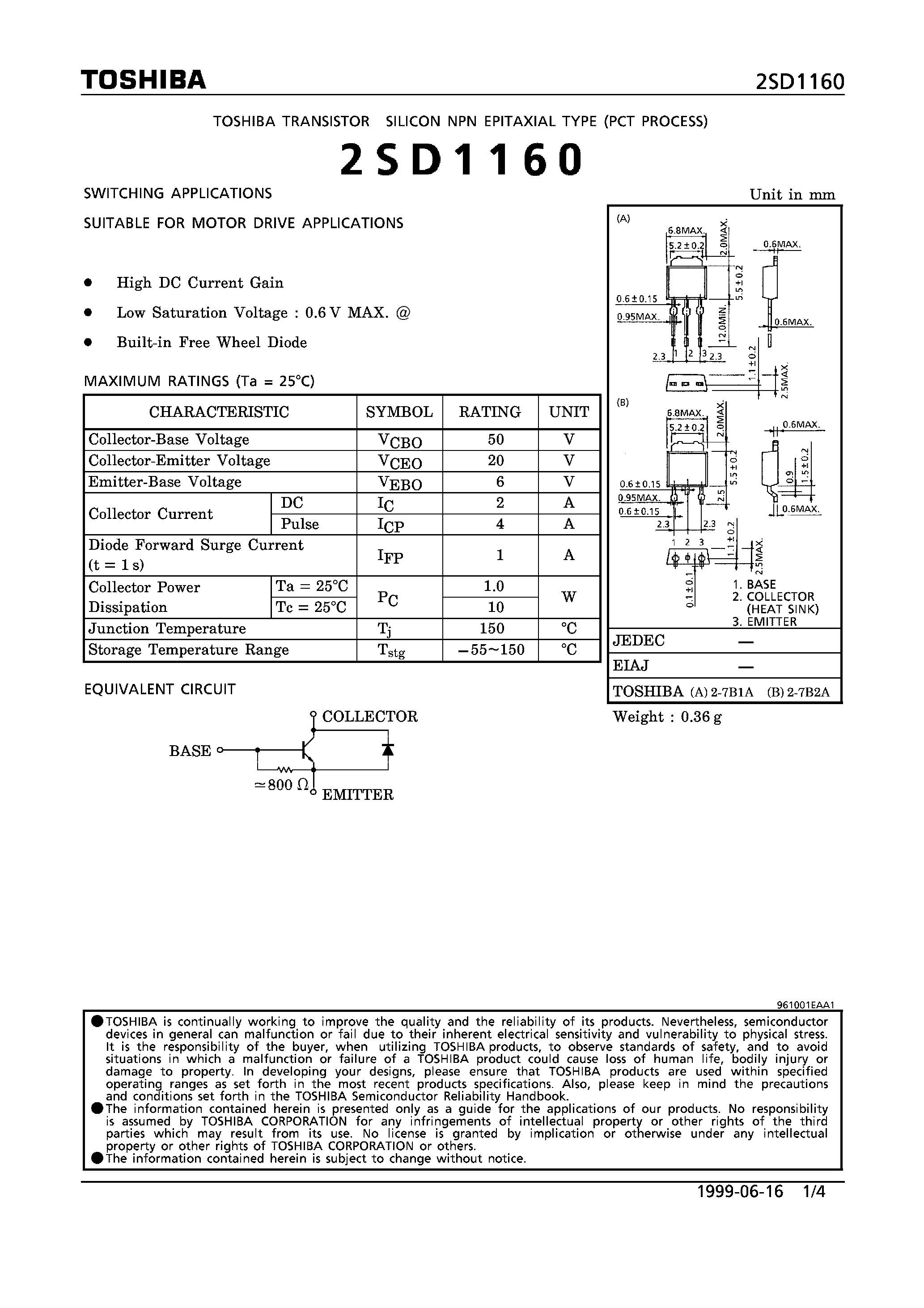 Даташит 2SD1160 - NPN EPITAXIAL TYPE (SWITCHING/ SUITABLE FOR MOTOR DRIVER APPLICATIONS) страница 1