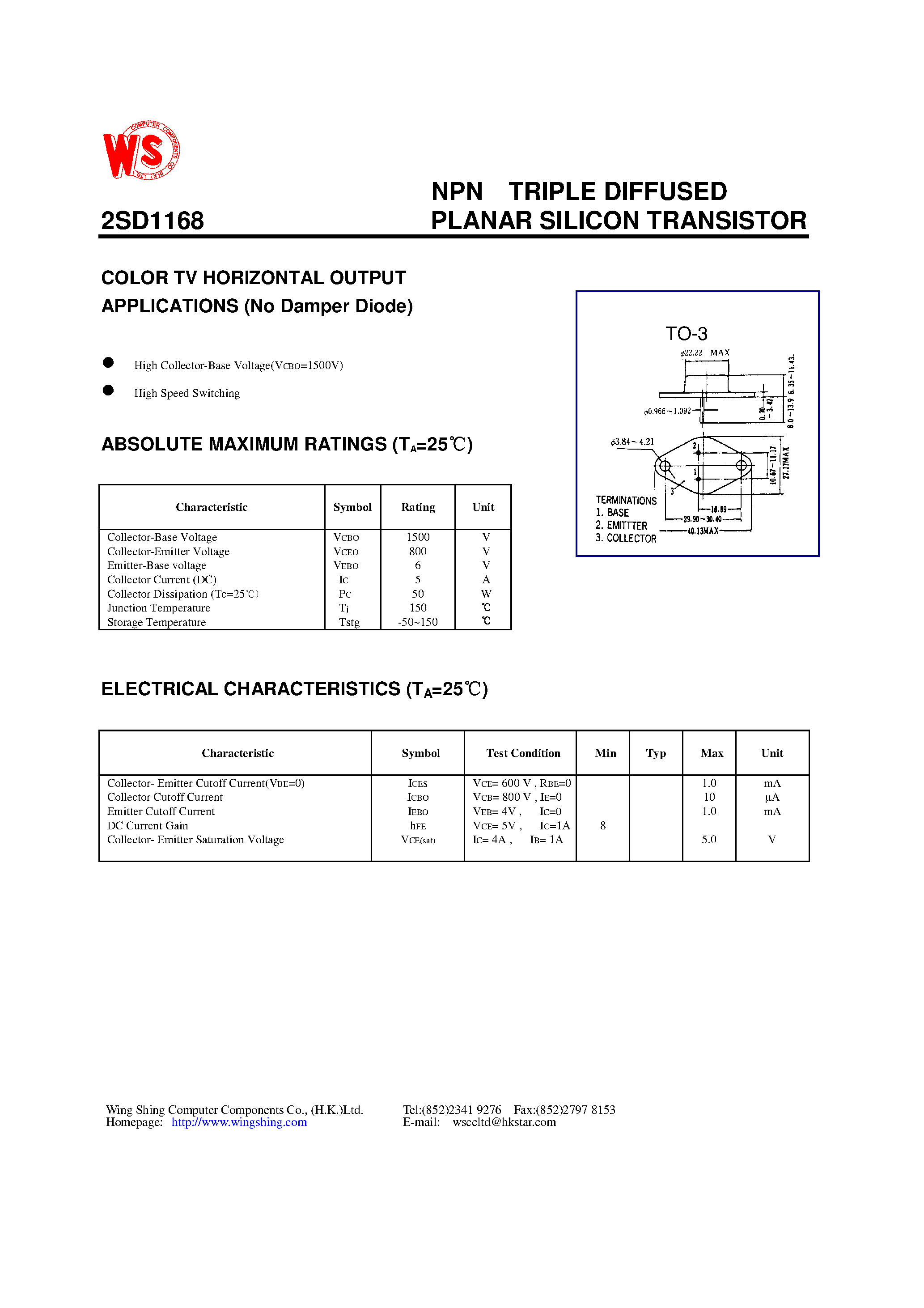 Даташит 2SD1168 - NPN TRIPLE DIFFUSED PLANAR SILICON TRANSISTOR(COLOR TV HORIZONTAL OUTPUT APPLICATIONS) страница 1