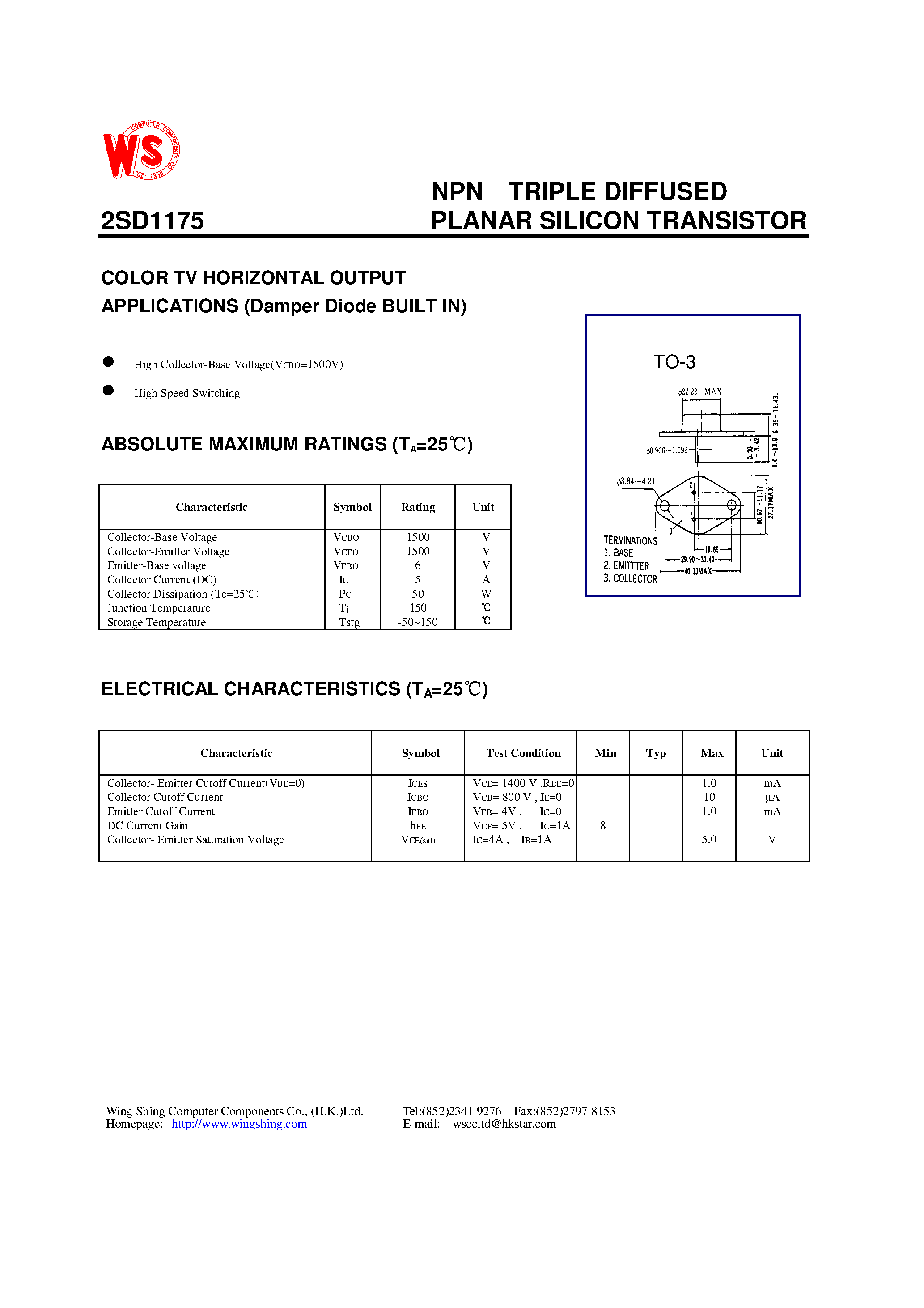 Даташит 2SD1175 - NPN TRIPLE DIFFUSED PLANAR SILICON TRANSISTOR(COLOR TV HORIZONTAL OUTPUT APPLICATIONS) страница 1