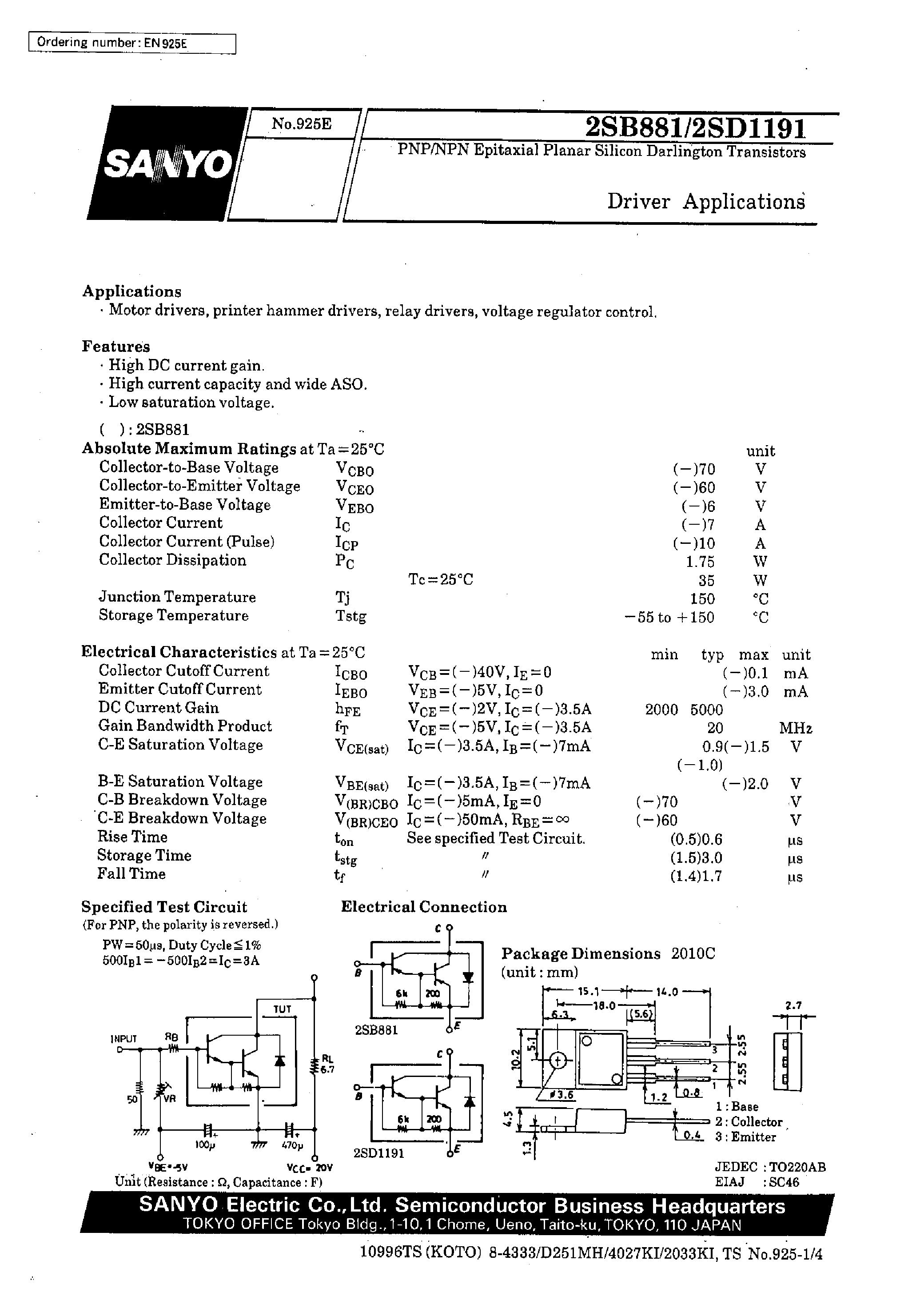 Даташит 2SD1191 - Driver Applications страница 1