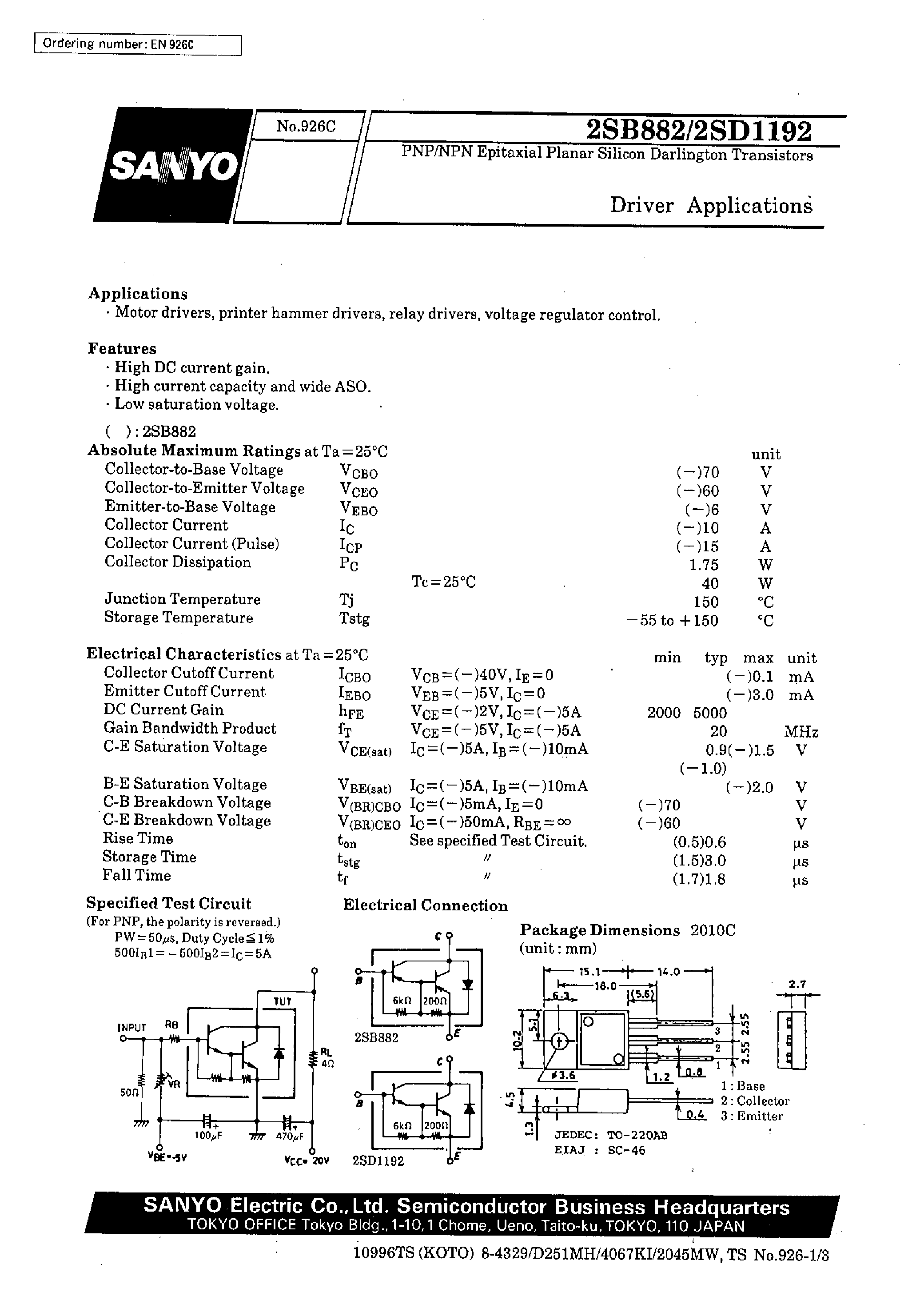 Даташит 2SD1192 - Driver Applications страница 1