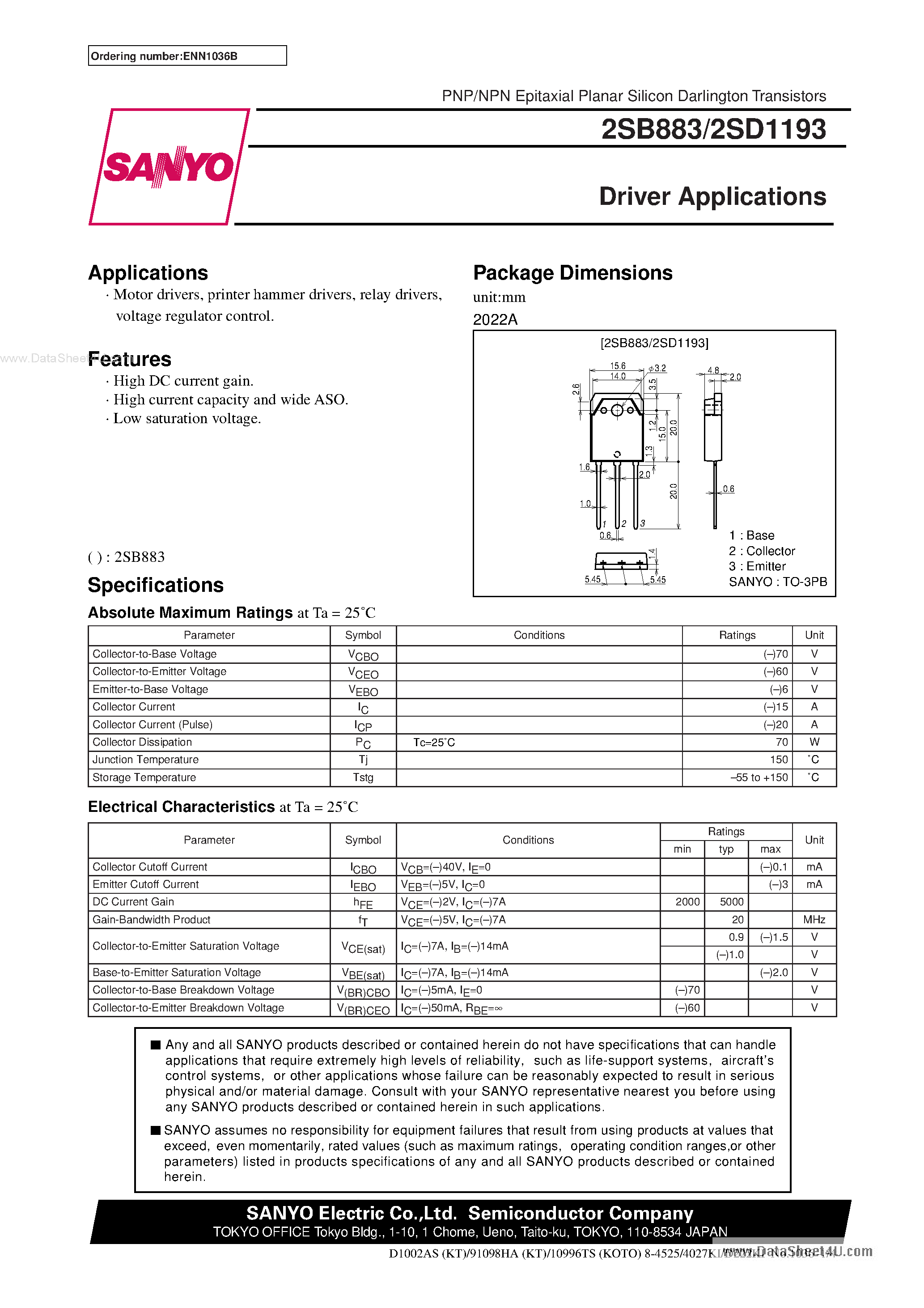 Даташит 2SD1193 - Driver Applications страница 1