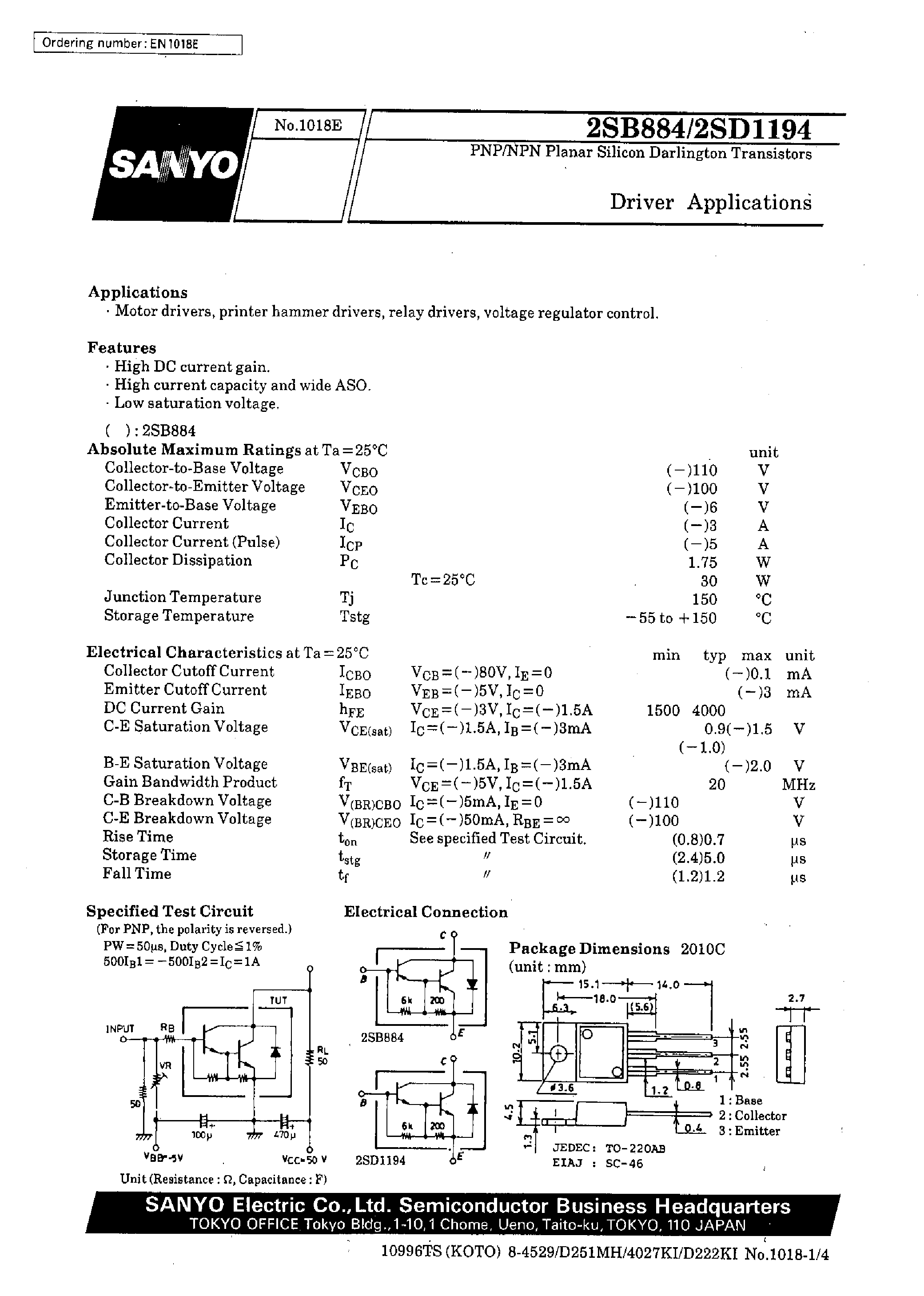 Даташит 2SD1194 - Driver Applications страница 1