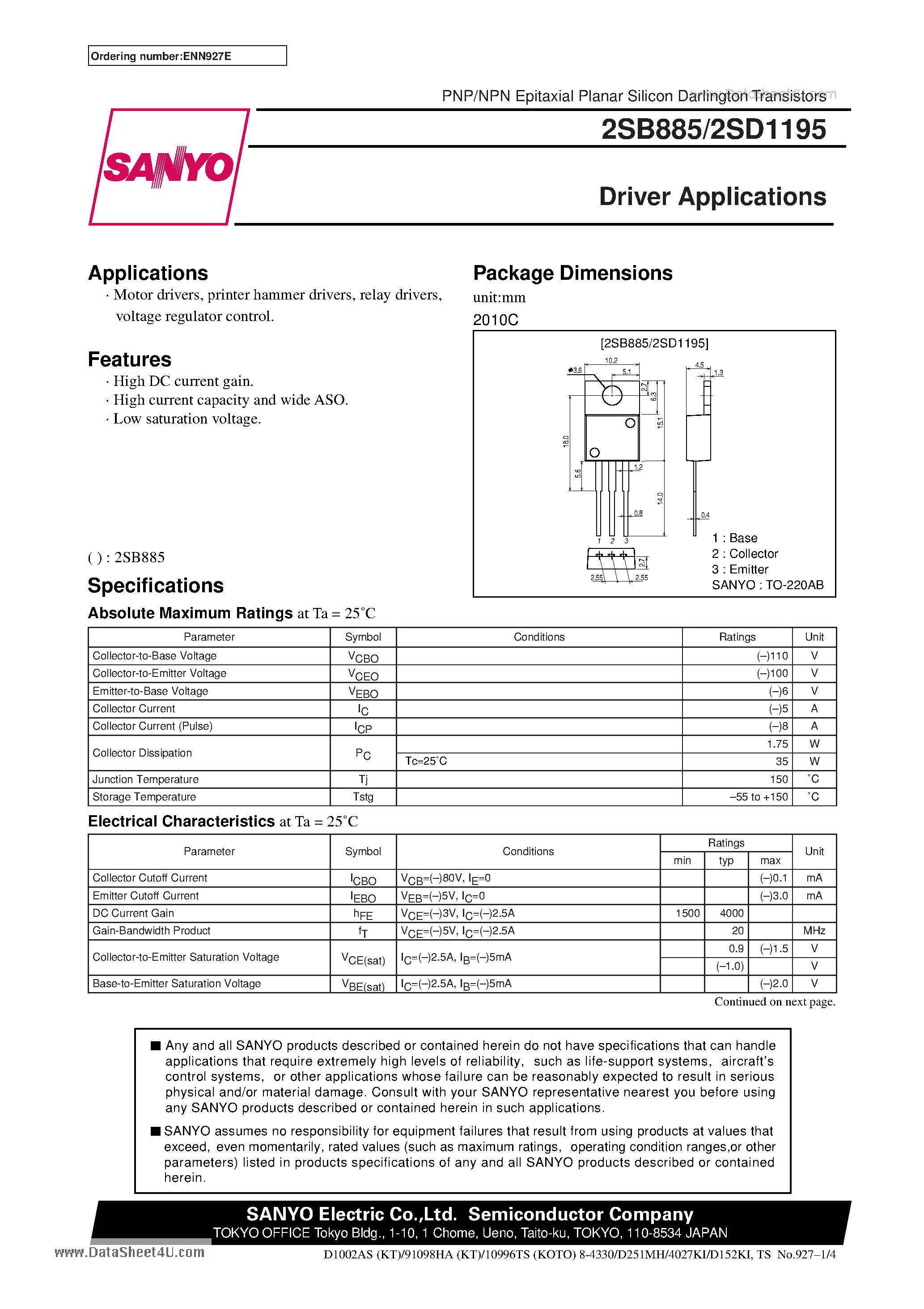 Даташит 2SD1195 - Driver Applications страница 1