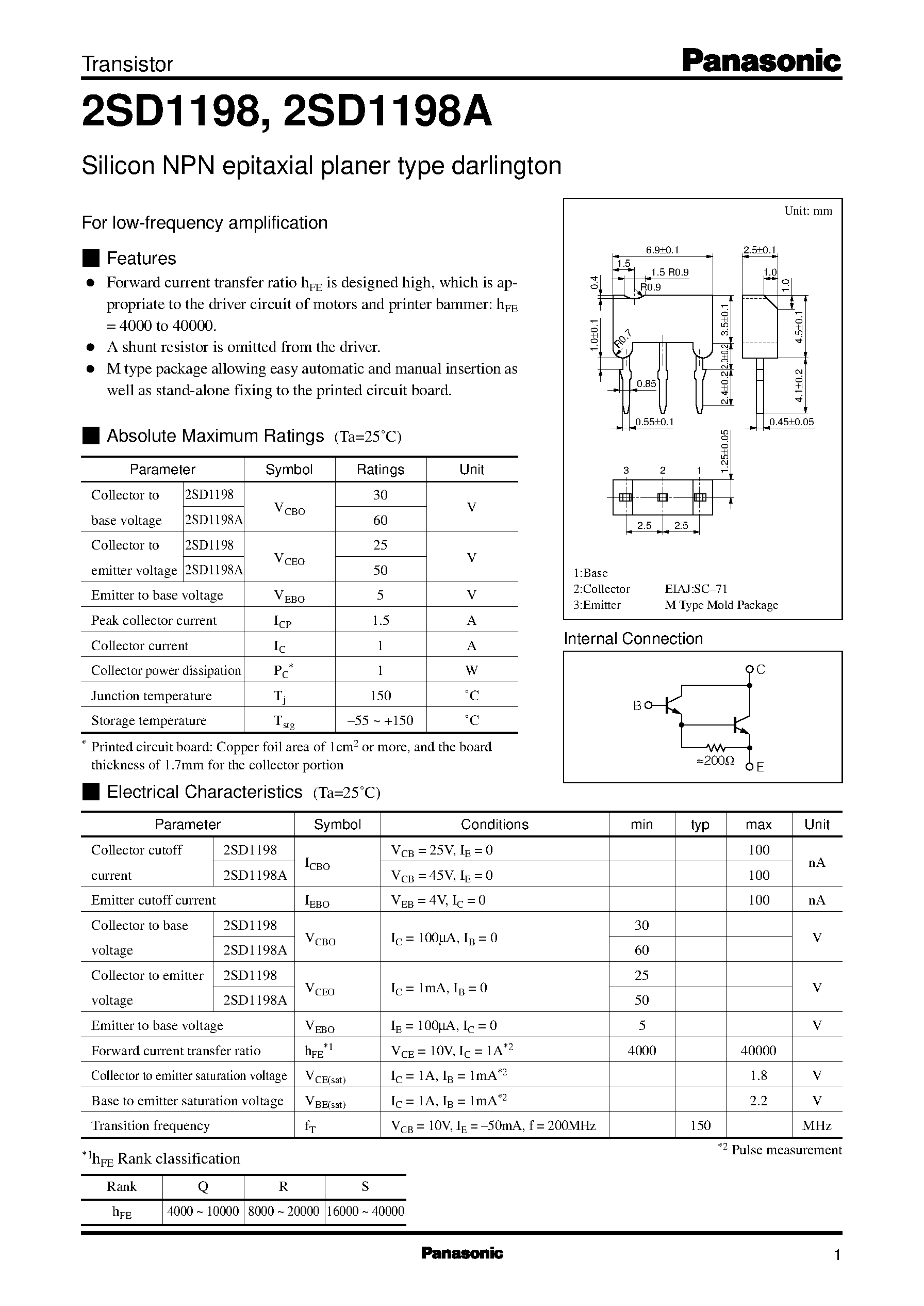 Даташит 2SD1198 - Silicon NPN epitaxial planer type darlington страница 1