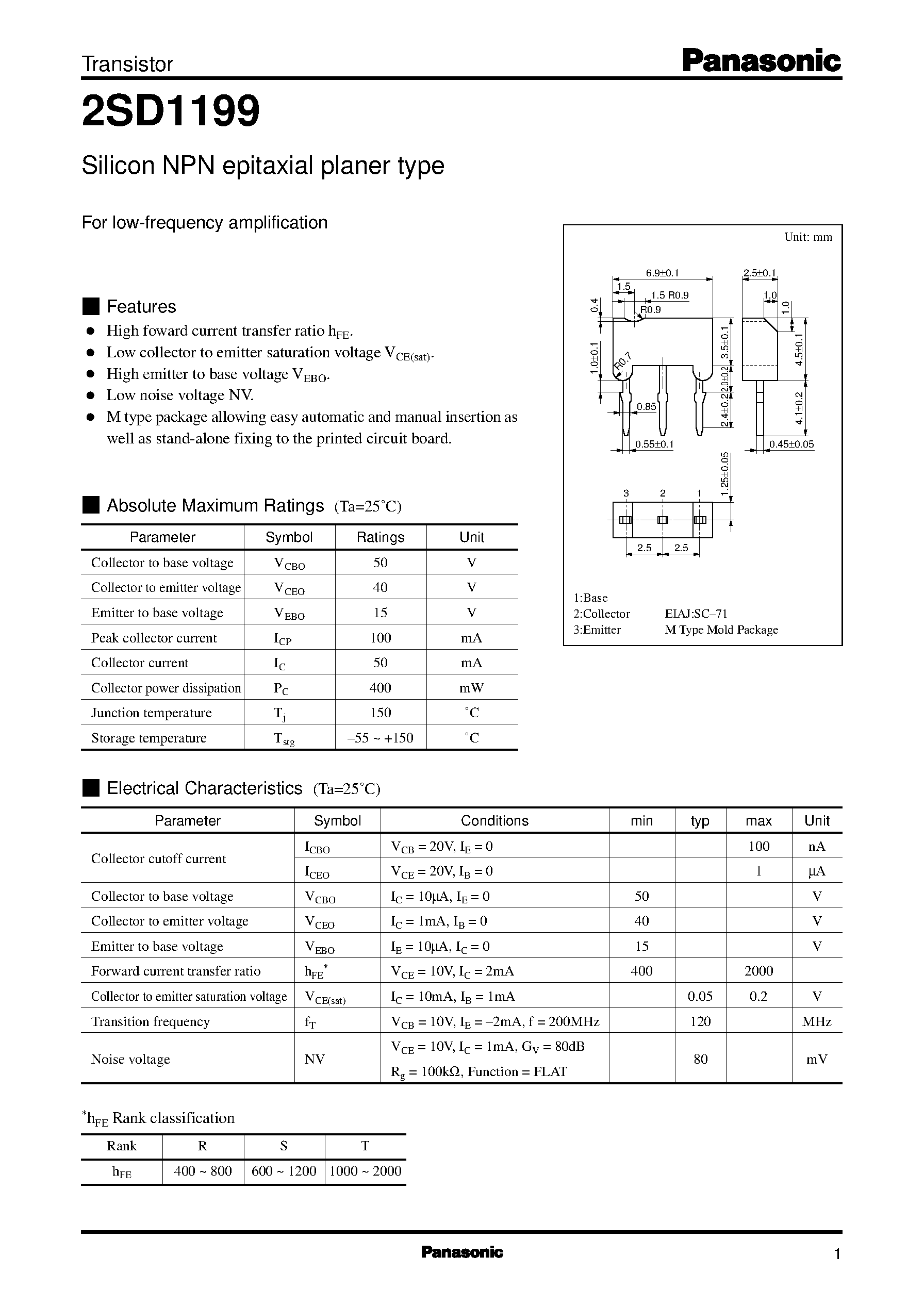 Даташит 2SD1199 - Silicon NPN epitaxial planer type(For low-frequency amplification) страница 1