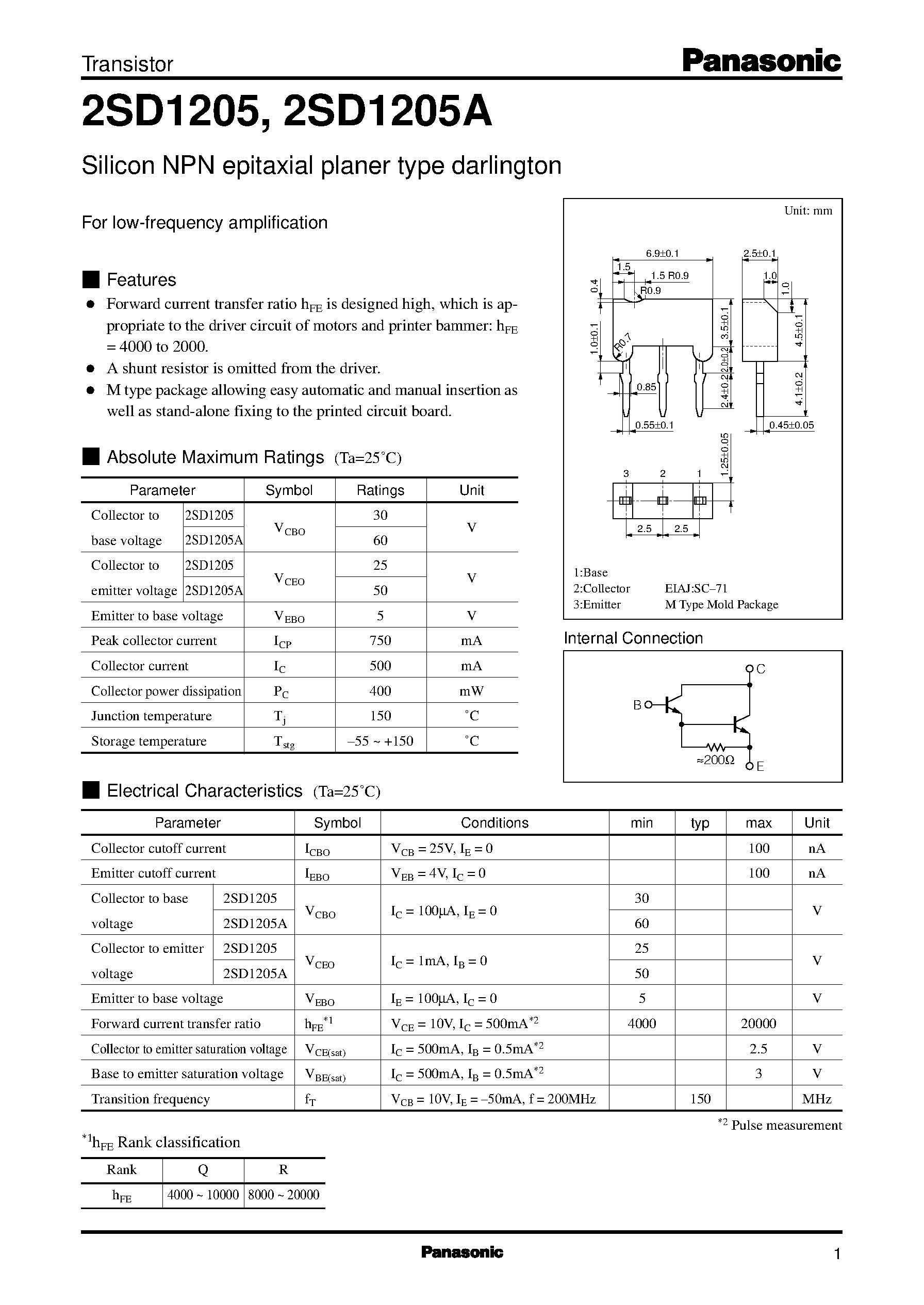 Даташит 2SD1205 - Silicon NPN epitaxial planer type darlington(For low-frequency amplification) страница 1