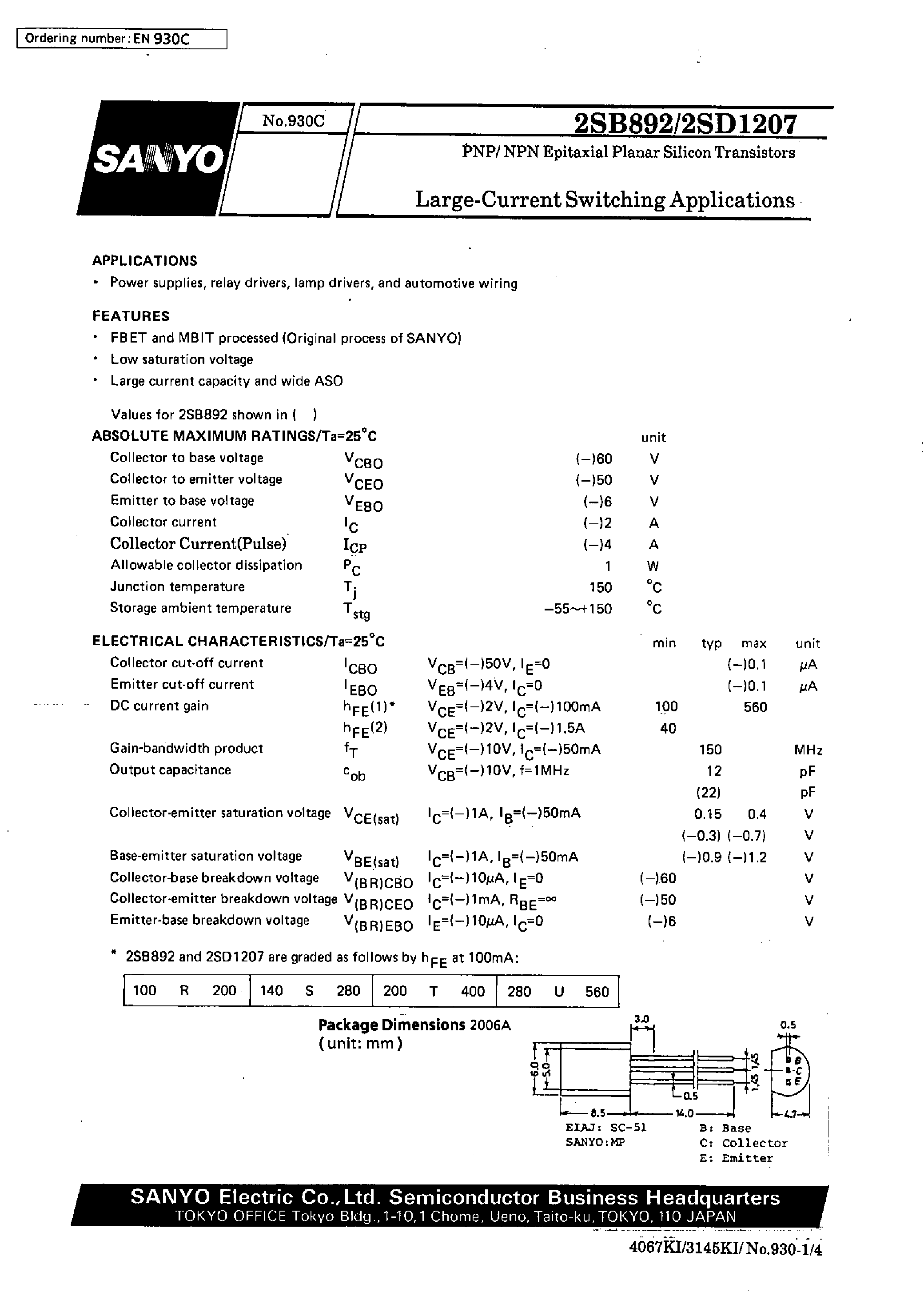 Даташит 2SD1207 - Large-Current Switching Applications страница 1