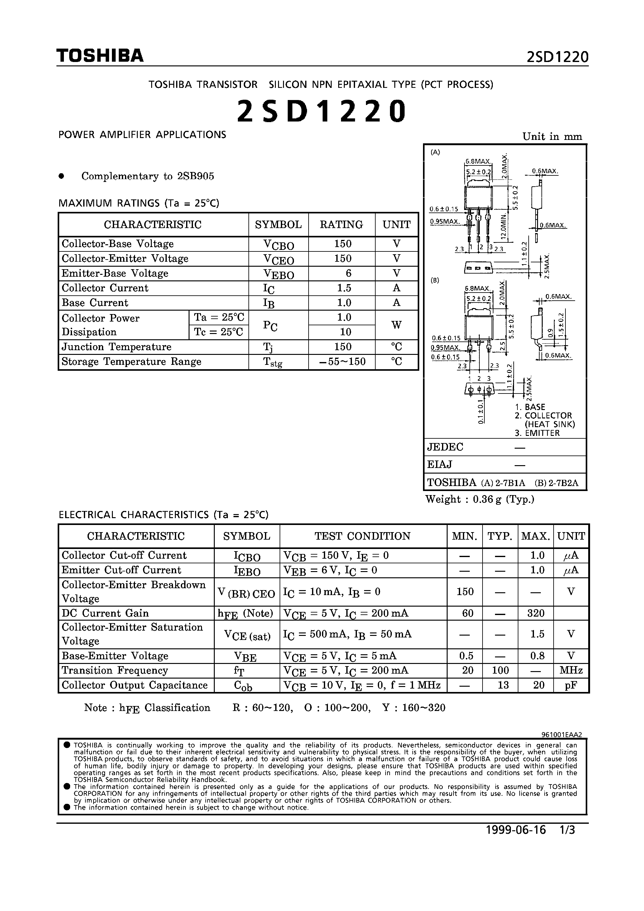 Даташит 2SD1220 - NPN EPITAXIAL TYPE (POWER AMPLIFIER APPLICATIONS) страница 1