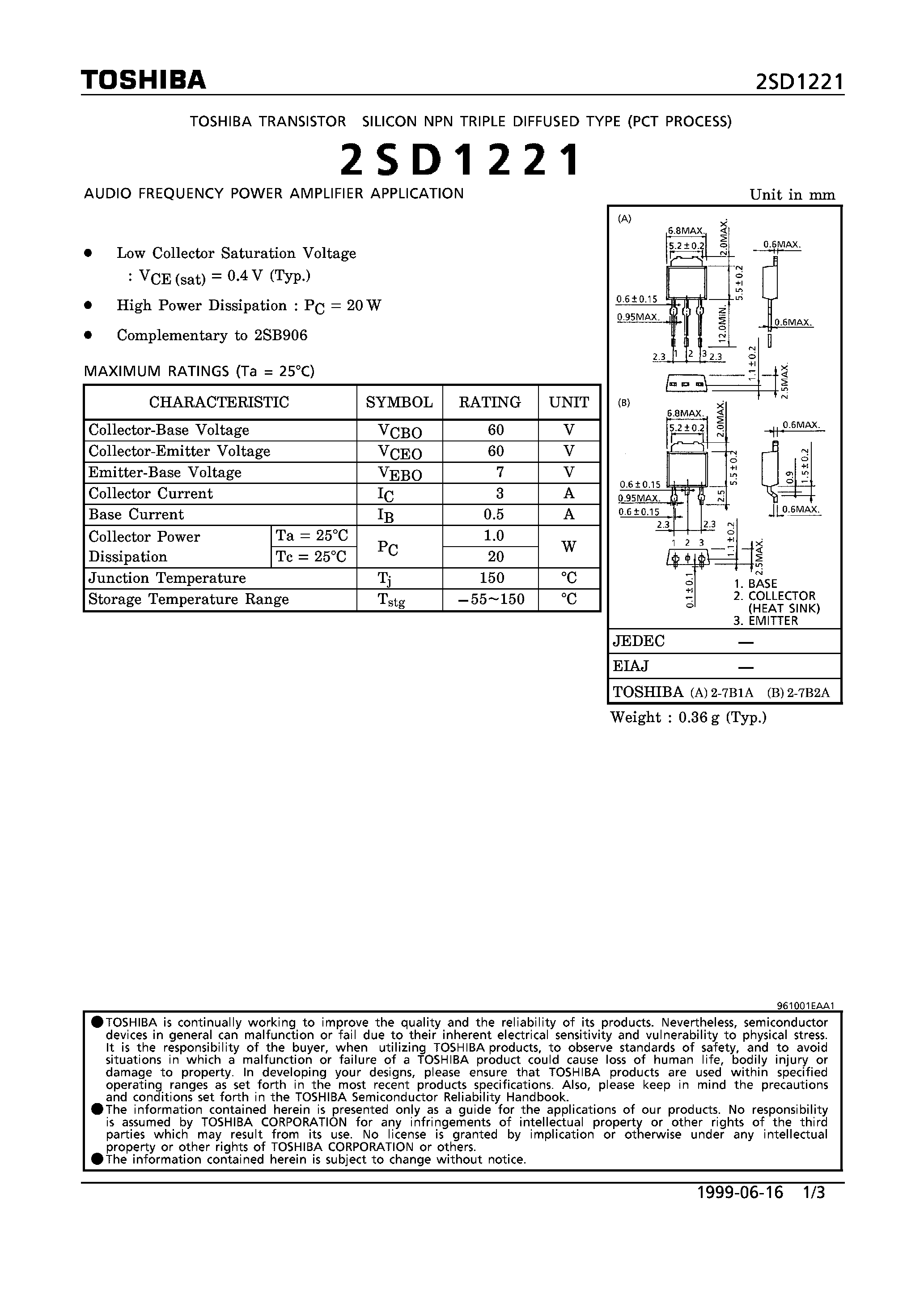 Даташит 2SD1221 - NPN TRIPLE DIFFUSED TYPE (AUDIO FREQUENCY POWER AMPLIFIER APPLICATION) страница 1