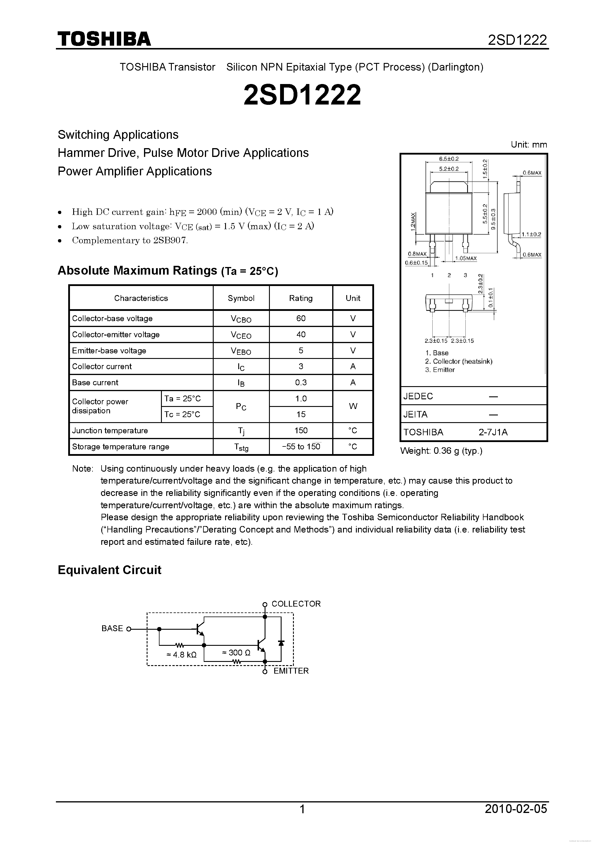 Даташит 2SD1222 - NPN EPITAXIAL TYPE (SWITCHING/ HAMMER DRIVE/ PULSE MOTOR DRIVE/ POWER AMPLIFIER APPLICATIONS) страница 1