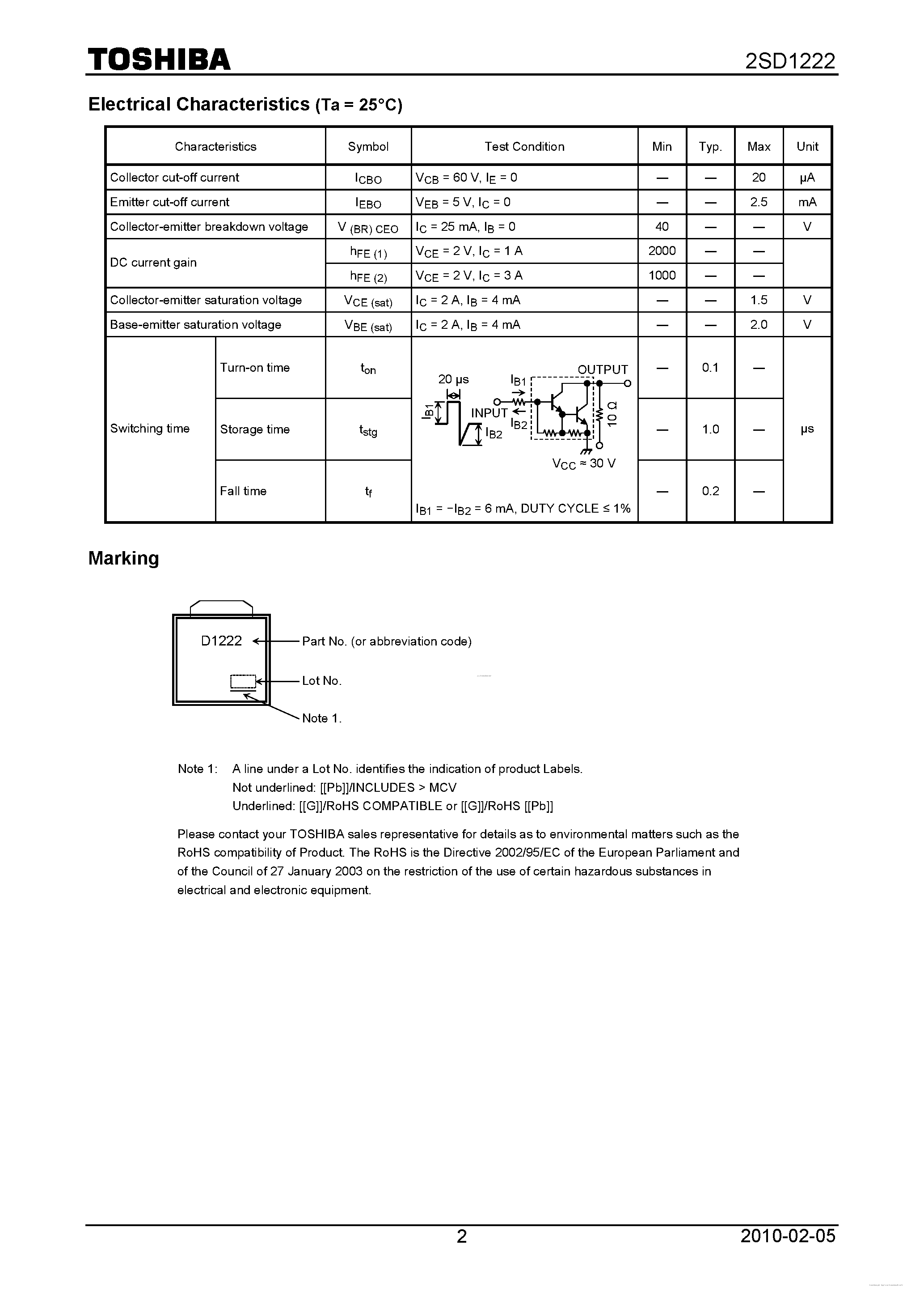 Даташит 2SD1222 - NPN EPITAXIAL TYPE (SWITCHING/ HAMMER DRIVE/ PULSE MOTOR DRIVE/ POWER AMPLIFIER APPLICATIONS) страница 2