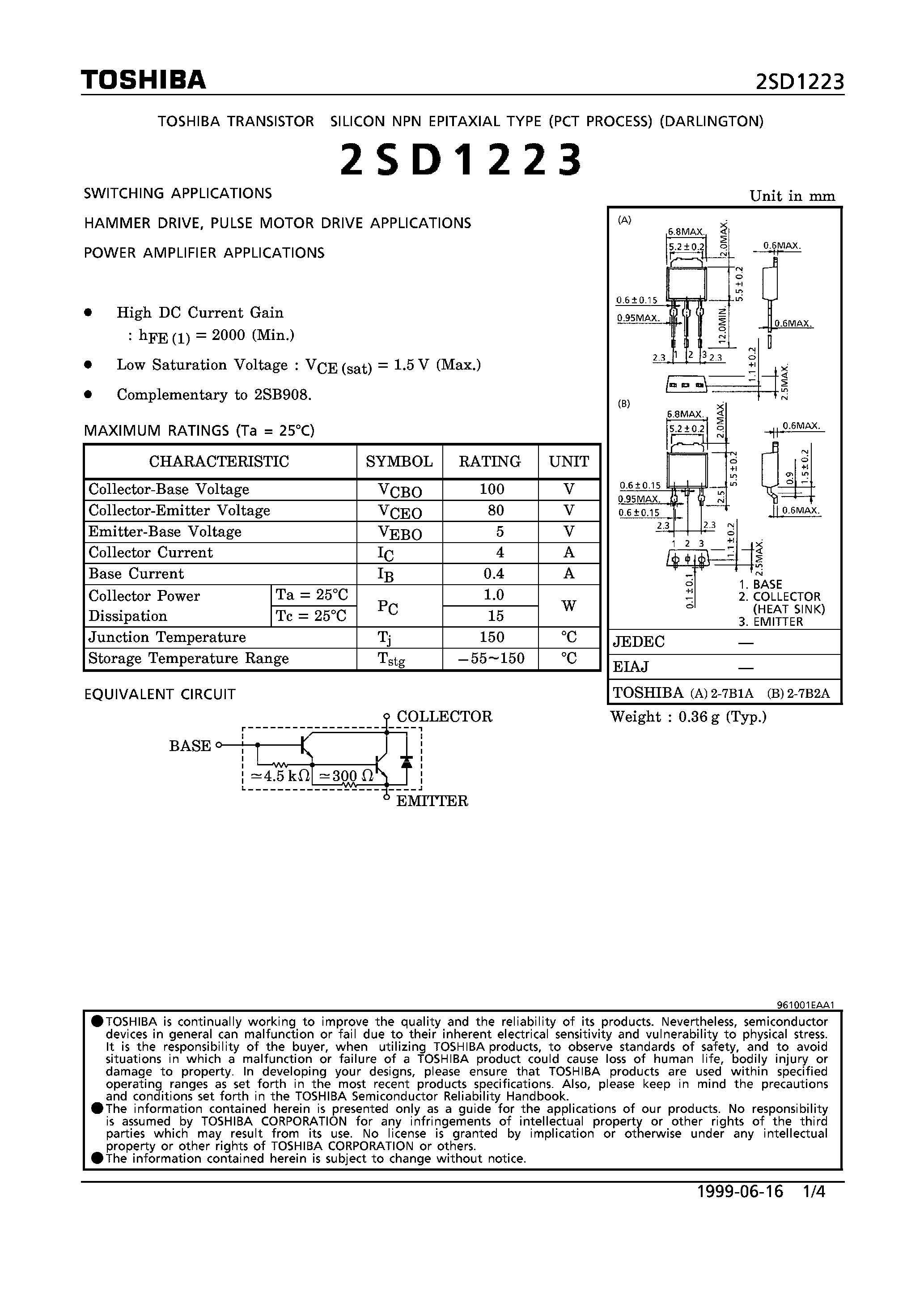 Даташит 2SD1223 - NPN EPITAXIAL TYPE (SWITCHING/ HAMMER DRIVE/ PULSE MOTOR DRIVE/ POWER AMPLIFIER APPLICATIONS) страница 1