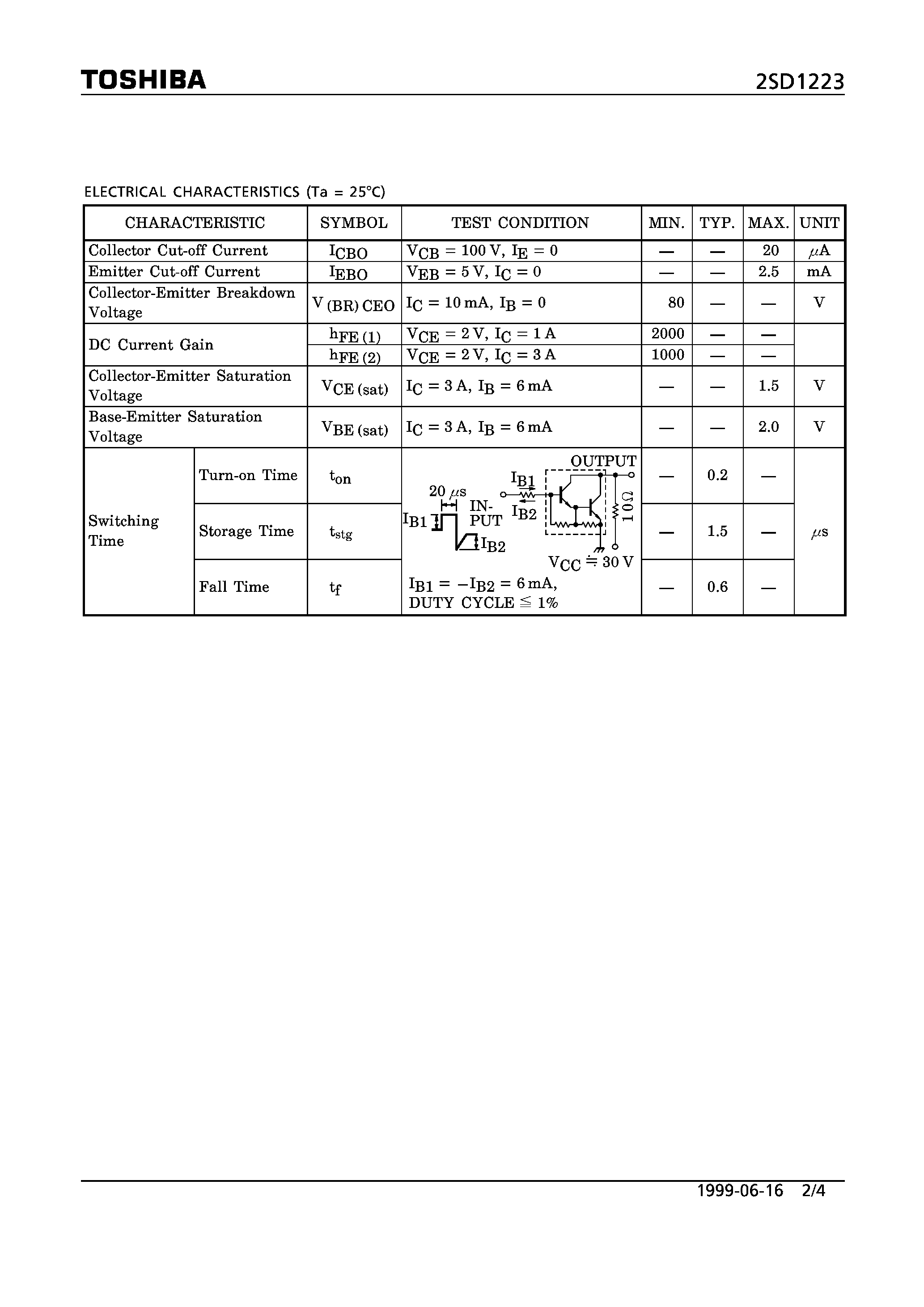 Даташит 2SD1223 - NPN EPITAXIAL TYPE (SWITCHING/ HAMMER DRIVE/ PULSE MOTOR DRIVE/ POWER AMPLIFIER APPLICATIONS) страница 2